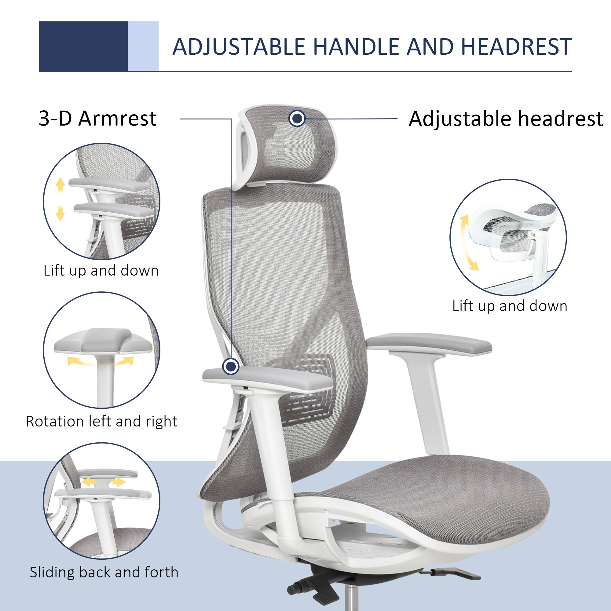 Ergonomic Office Chair with 360° , Wheel, Mesh Back, Adjustable Height & 3D Armrest for Home Office, Grey