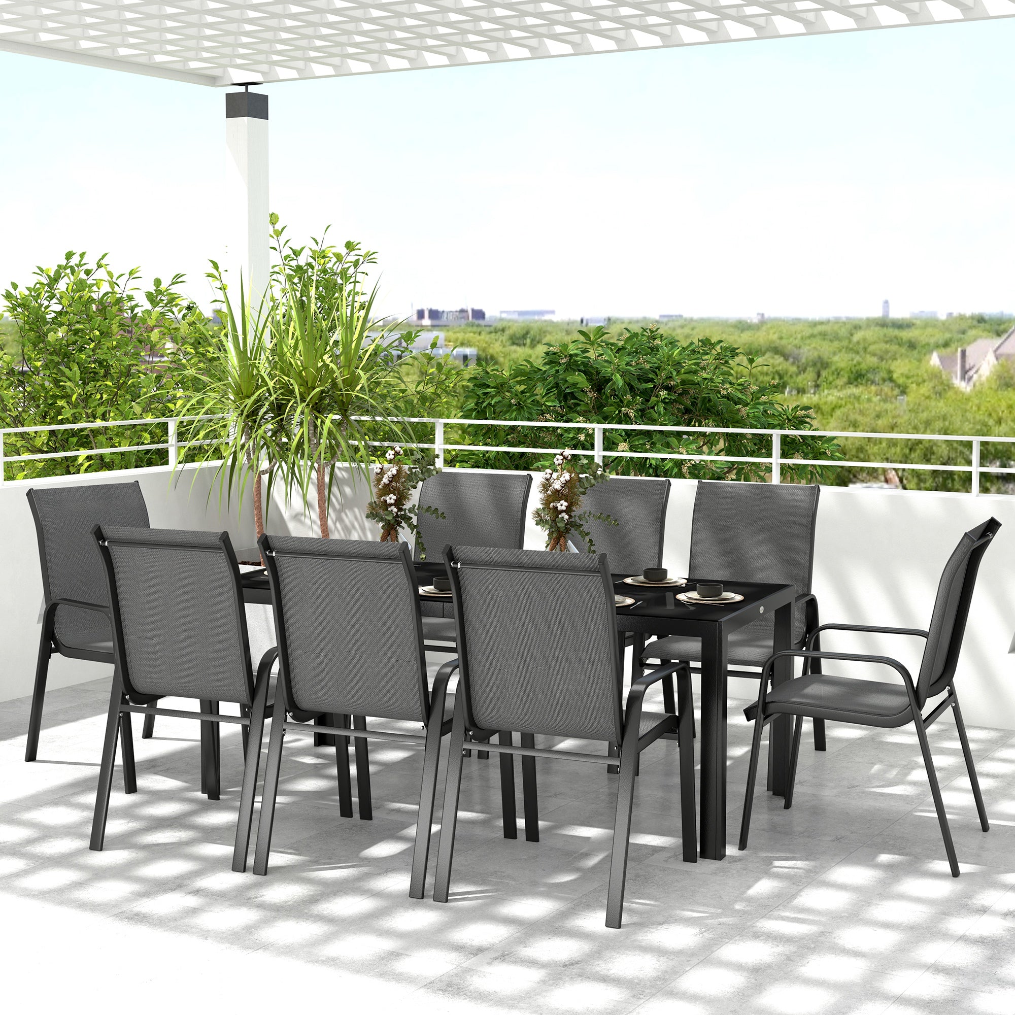 8 Seater Garden Dining Set with Stacking Chairs, Rectangular Tempered Glass Top, Garden Furniture Set, Outdoor Dining Table and Chairs for Patio, Balcony, Poolside, Dark Grey