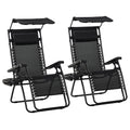 2 Piece Foldable Reclining Zero Gravity Garden Chairs with Headrest, Footrest, Armrest, Cup Holder & Canopy Shade - Black