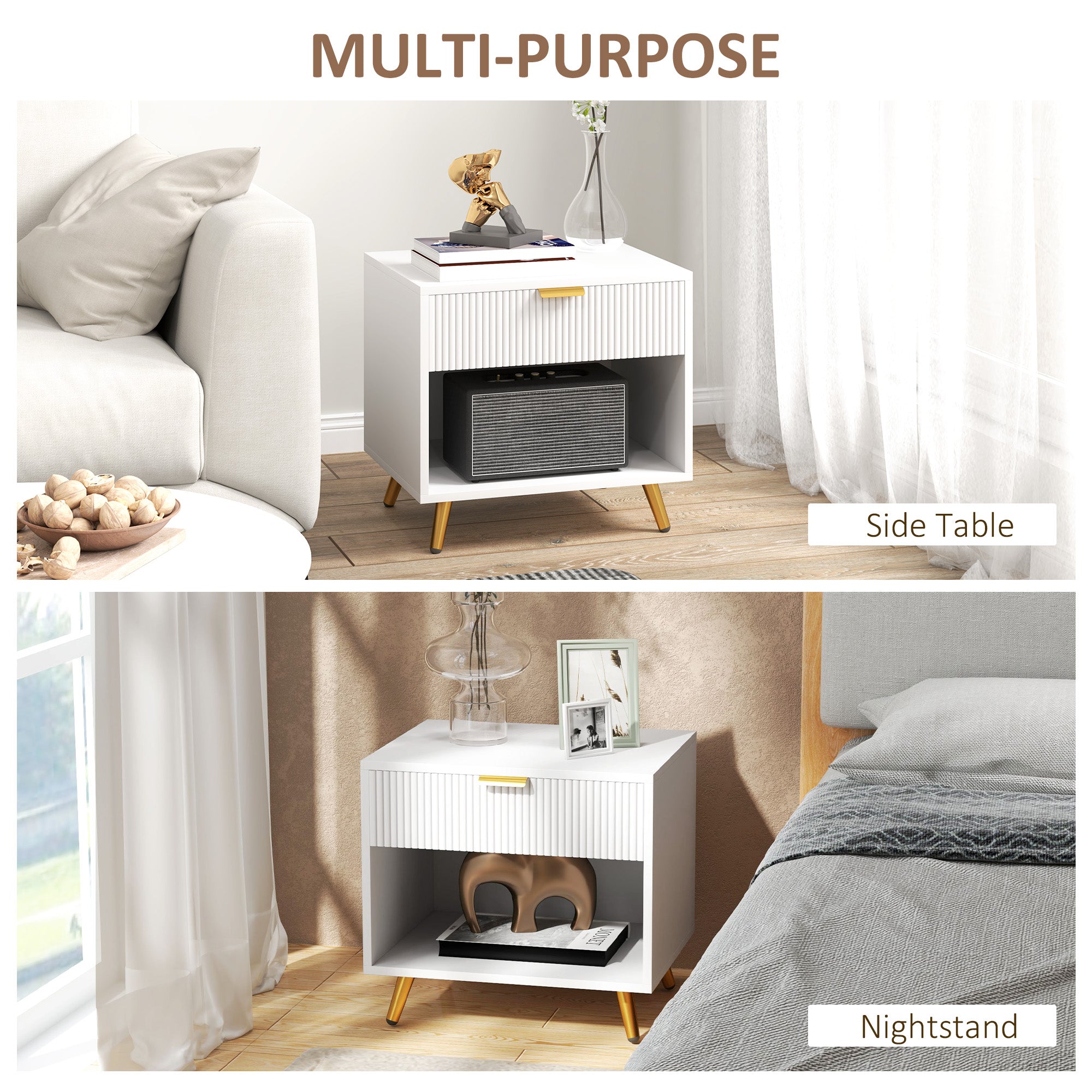 Bedside Tables Set of 2, Bedside Cabinets With Drawer and Open Compartment, Nightstands With Handle for Bedroom, Living Room, White