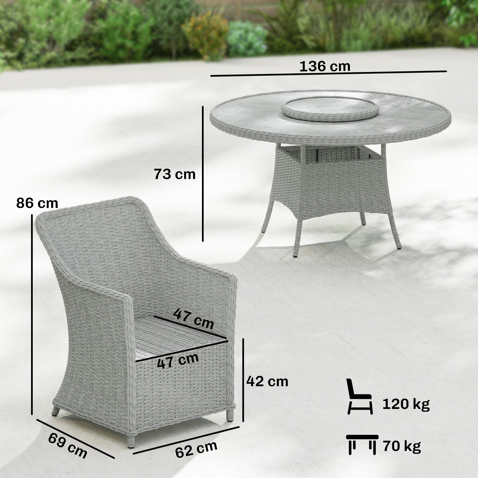 Rattan Dining Set with Turntable, Marble Effect Glass Table and 6 Armchairs, Aluminium Frame, Grey