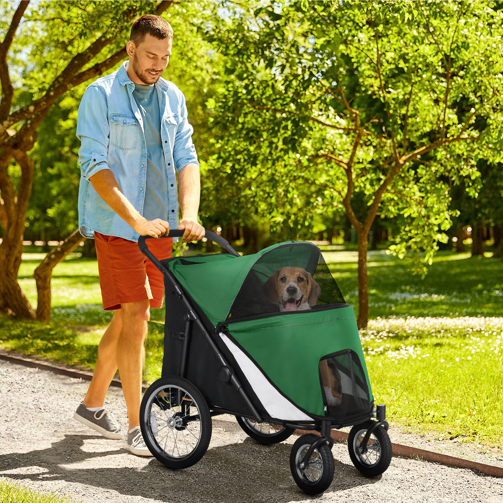 Foldable Pet Stroller, with Washable Cushion, Storage Bags, Safety Leash, for Medium, Large Dogs, Catts, Travel - Green