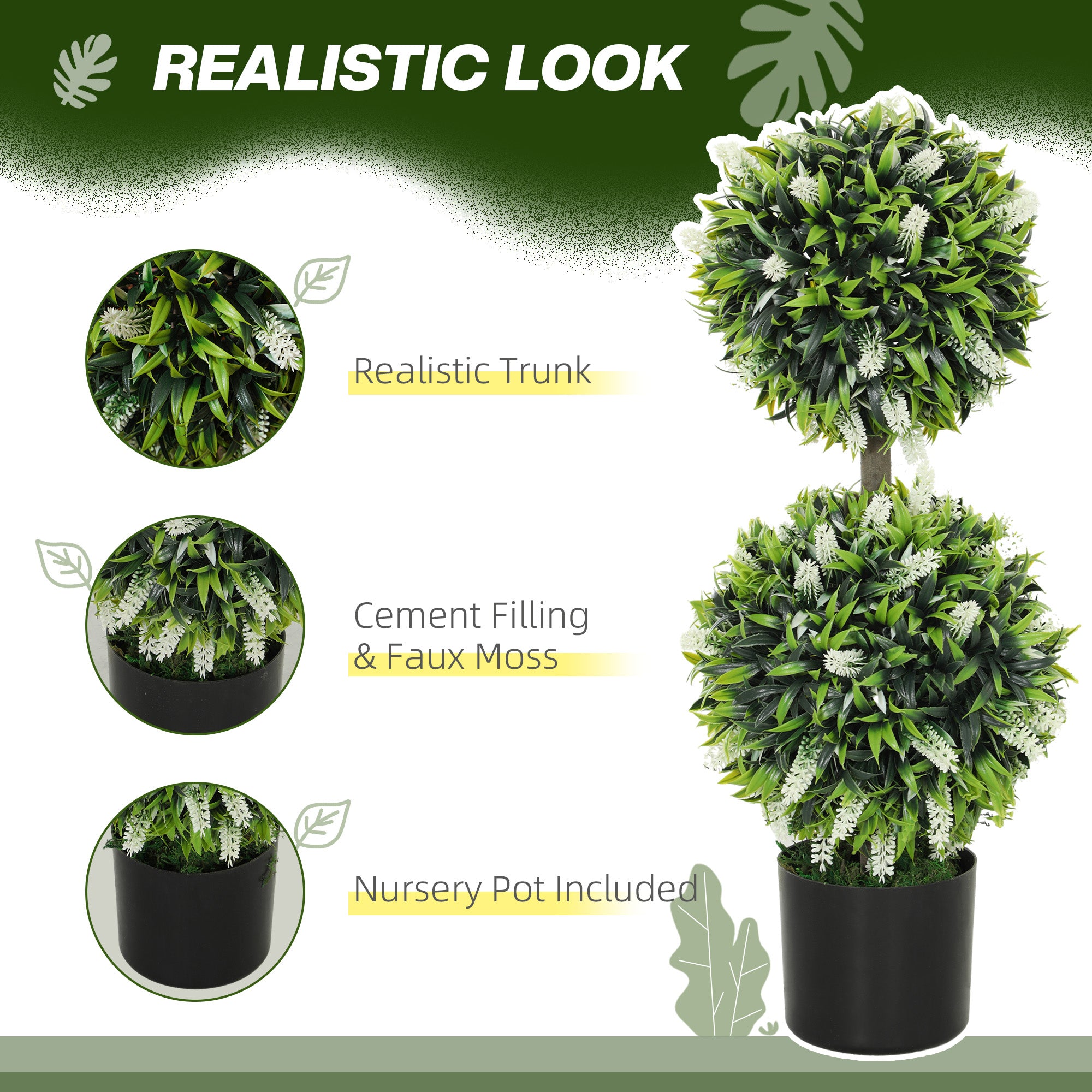 Set of 2 Artificial Decorative Ball Trees with Lavender Flowers, 70cm - White