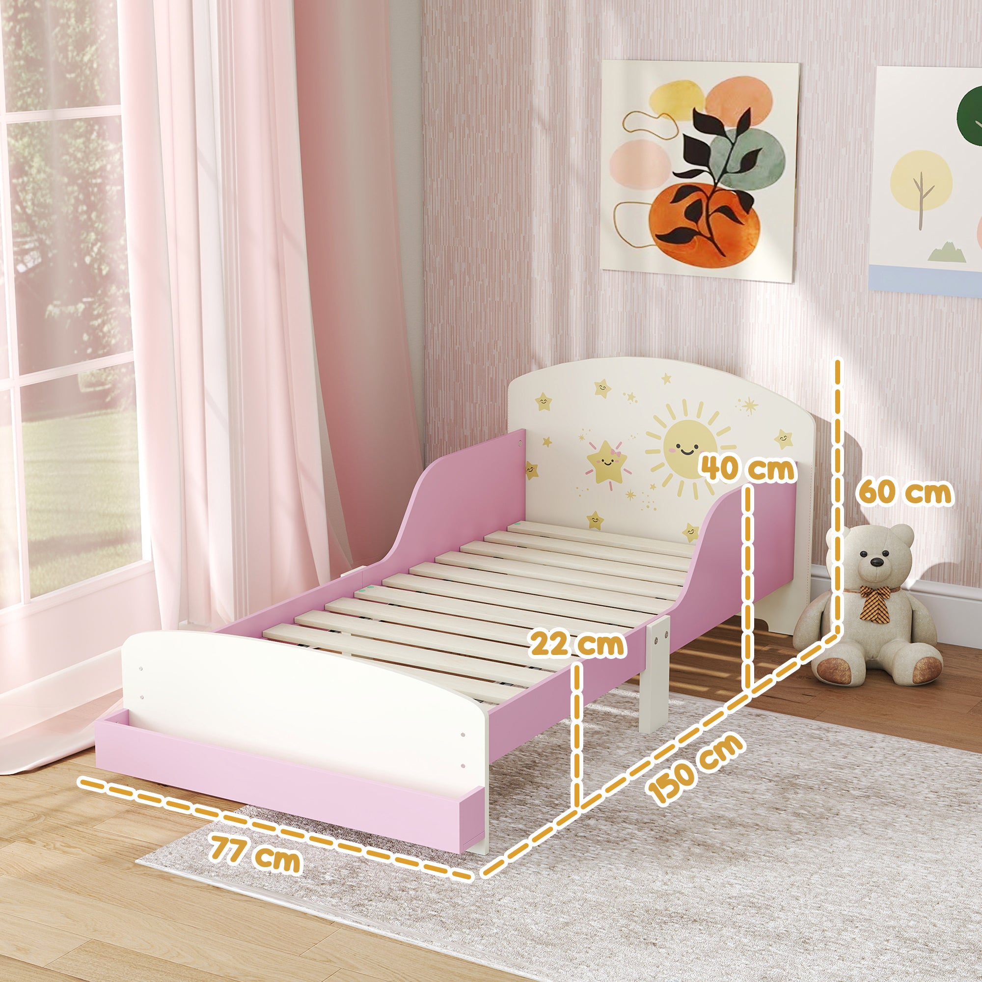 Toddler Bed with Storage, Guardrails, Sun Design, for Ages 3-8 Years, Fits 140 x 70cm Mattress,