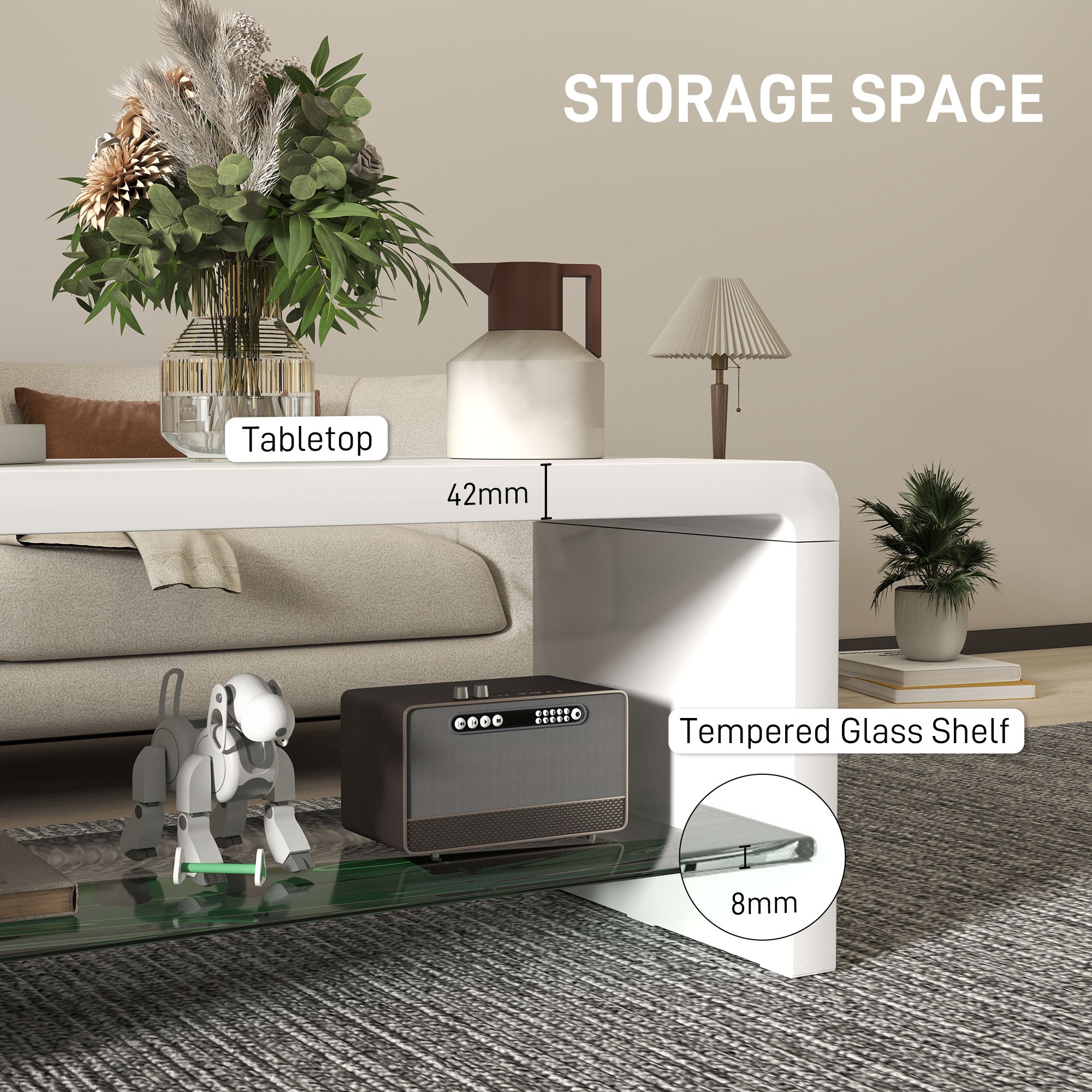 Curved Two-Tier Coffee Table with Glass Shelf - High Gloss White