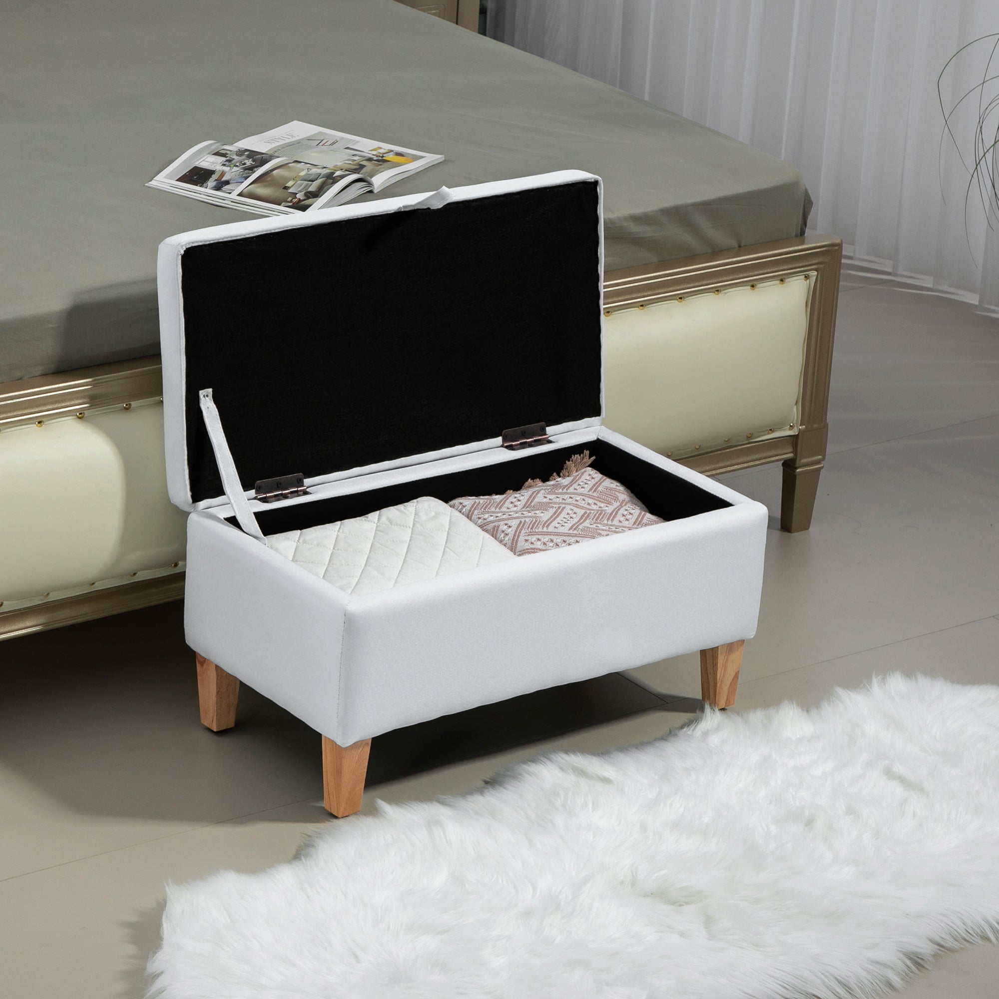 Linen Storage Ottoman Padded Footstool with Rubberwood Legs for Storage Box, Bed End, Shoe Bench, Seating, Cream White