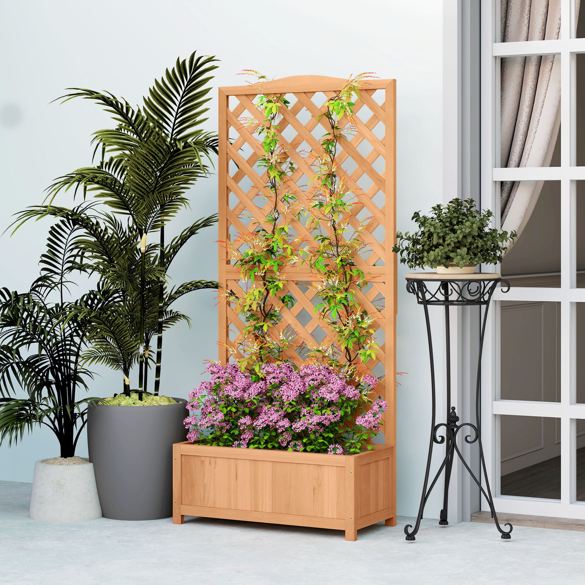 Wooden Planter with Trellis, Freestanding Raised Bed for Garden with Lattice, Outdoor Planter Box for Climbing Plants, Vines, Flowers, 76 x 36 x 170 cm, Natural
