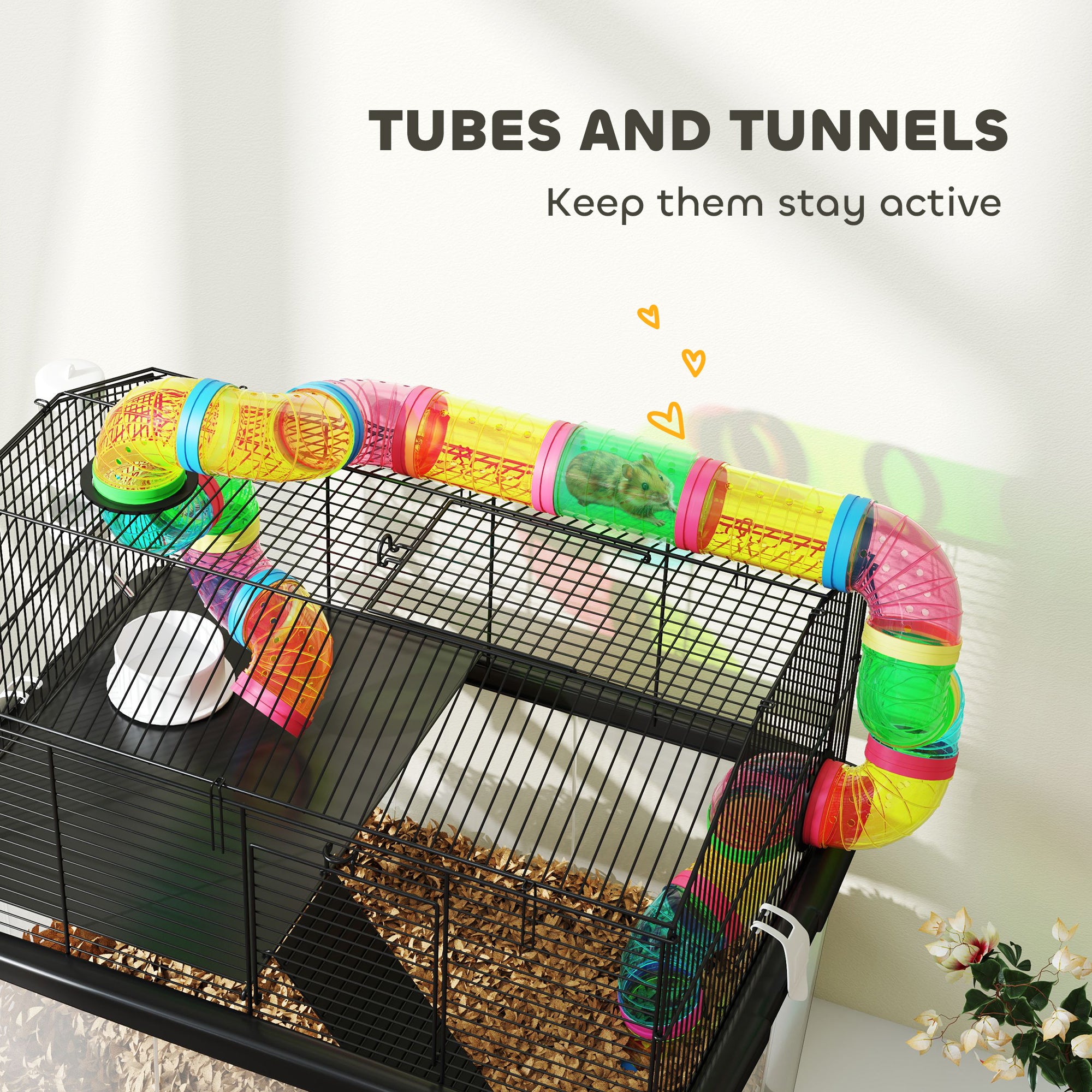 2 Tier Hamster Cage with 31cm Deep Tray, Tube System, Water Bottle, Ramp, Feeding Bowl, 58 x 43 x 57cm, Multicolour