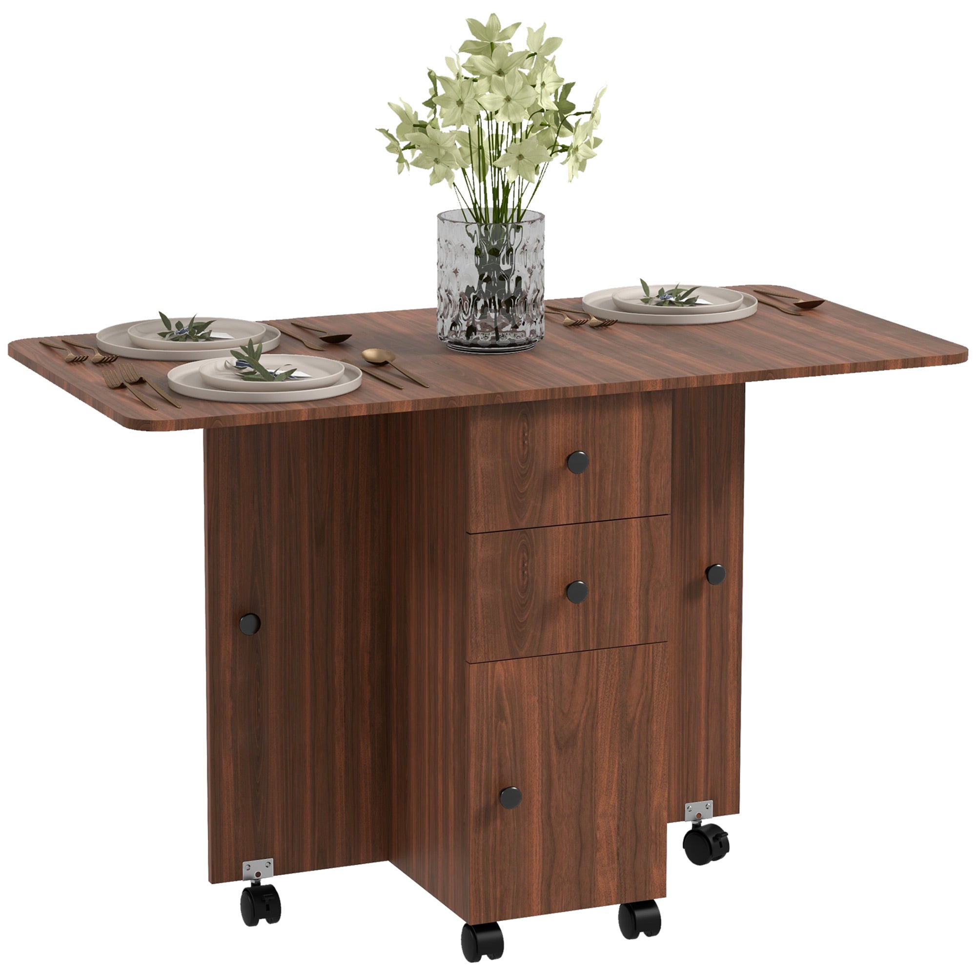 Multi-Storage Six-Person Drop Leaf Dining Table - Distressed Brown