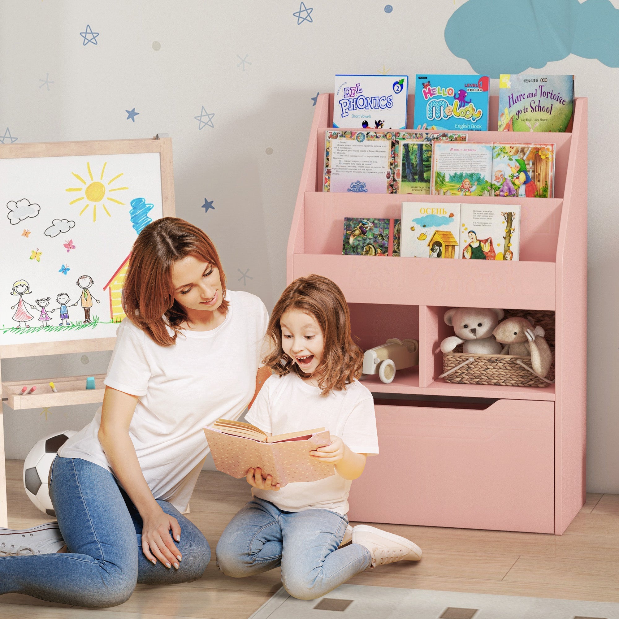 Kids Bookshelf, Toy Organiser, with Storage Drawer, Wheels - Pink