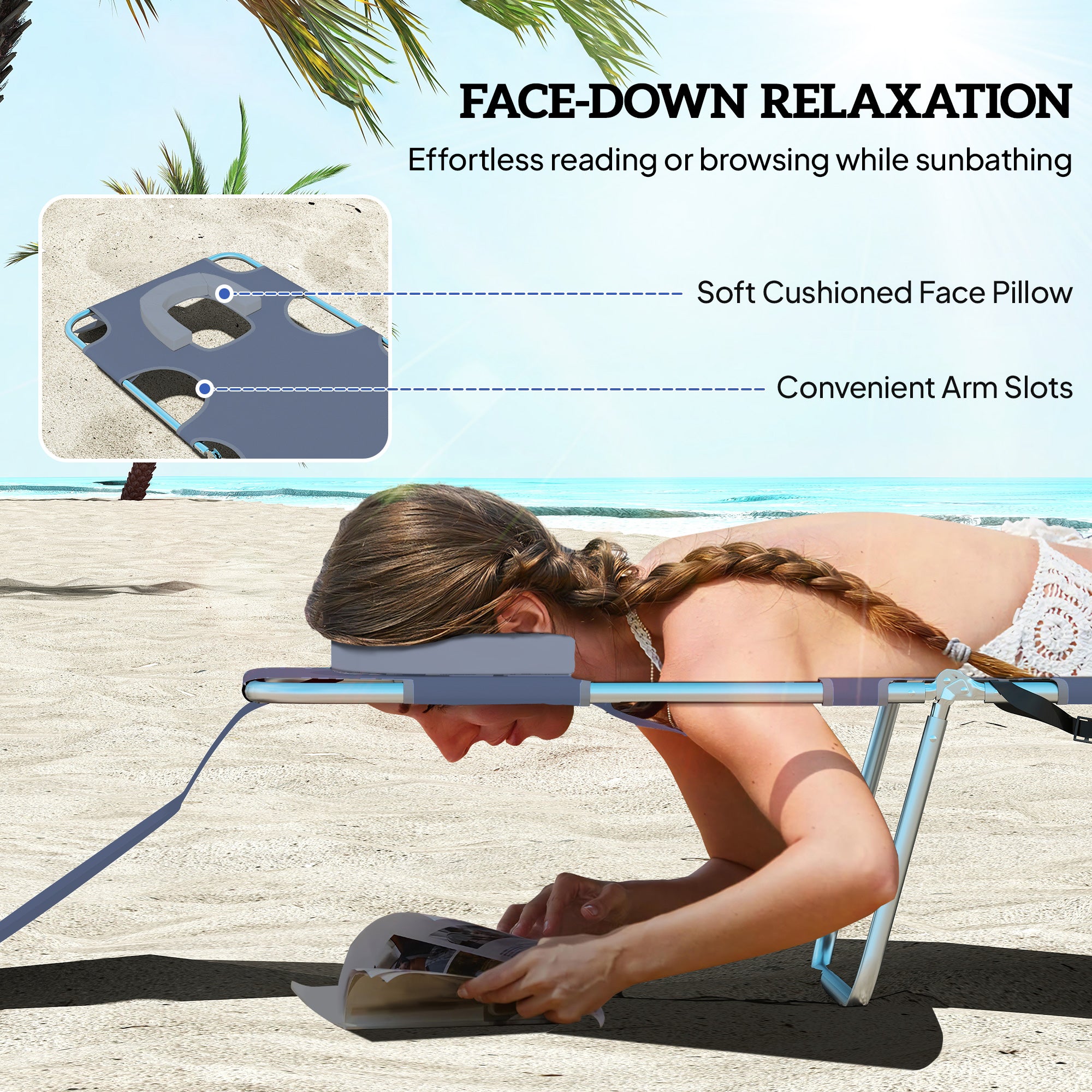 5-Position Adjustable Sun Loungers Set of 2 with Reading Hole and Side Pocket, Grey