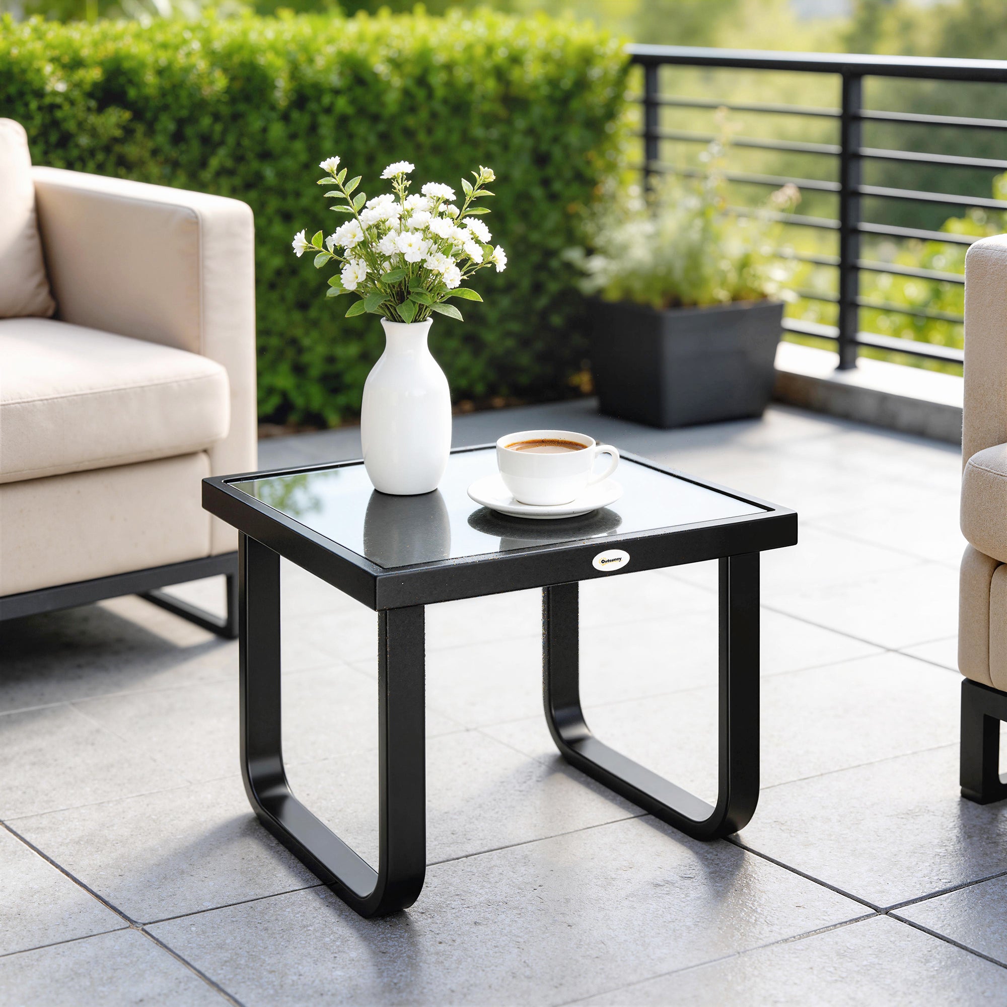 Outdoor Garden Coffee Table, Rectangle Metal Side Table with Tempered Glass Tabletop, Adjustable Foot Pads