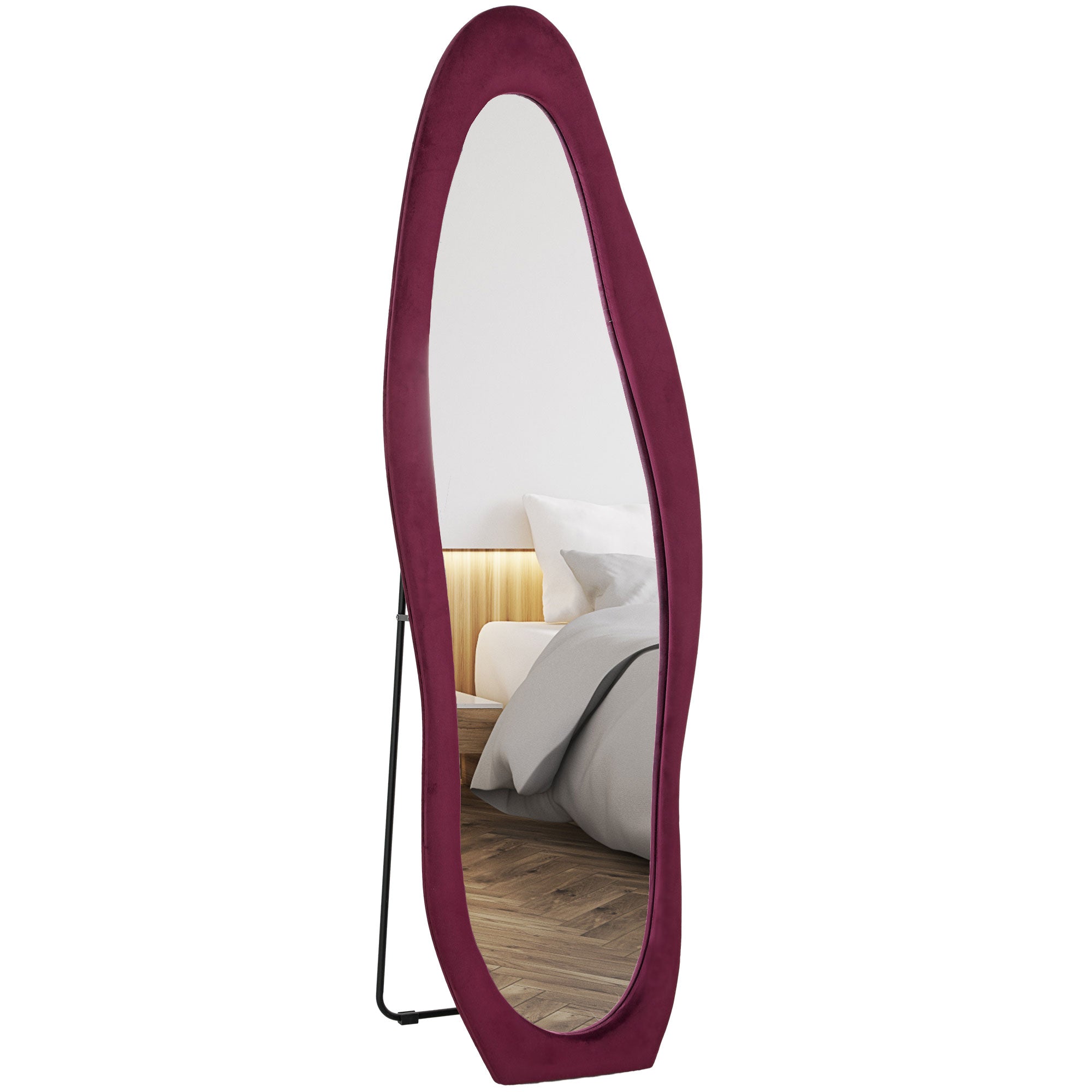 Wavy Velvet-Feel Full Length Mirror - Wine Red