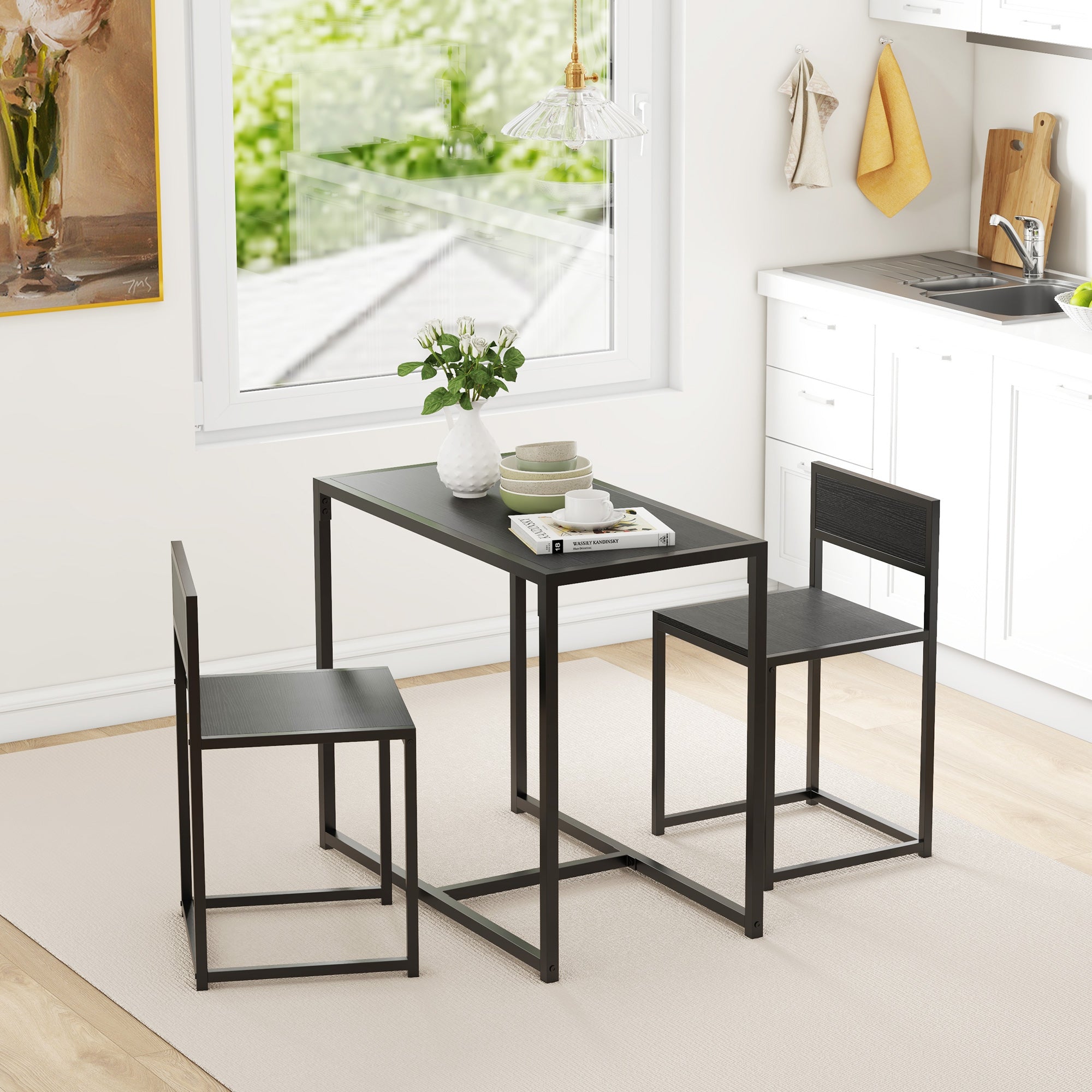 HOMCOM Dining Table and Chairs Set 2, Dining Room Sets, Rectangular Space Saving Table and 2 Chairs for Compact Kitchens, Steel Frame, Black