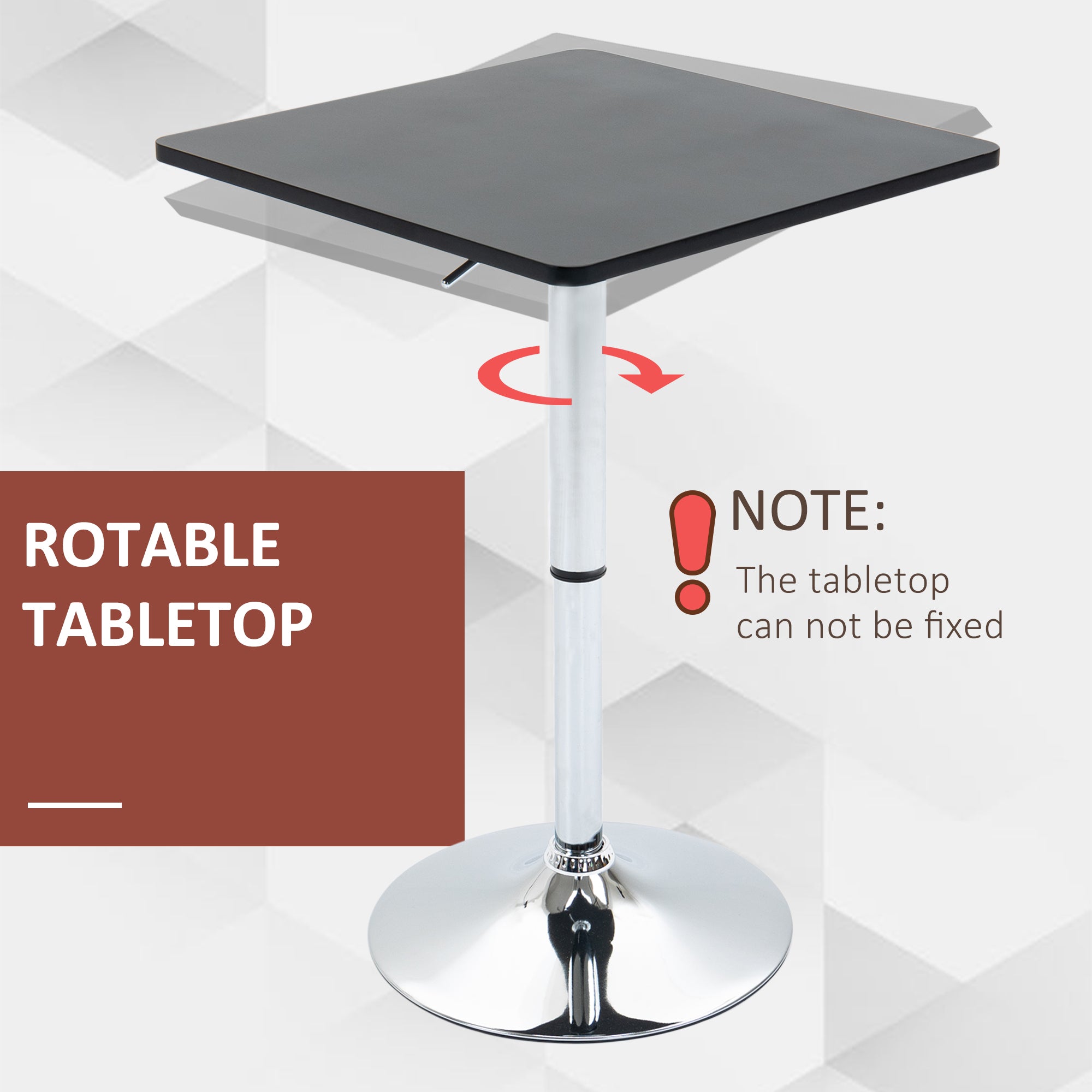 Modern Height Adjustable Counter Bar Table with 360° Swivel Tabletop and Electroplating Metal Base, Pub Desk for Living Room, Kitchen, Restaurant, Pub, Black and Silver