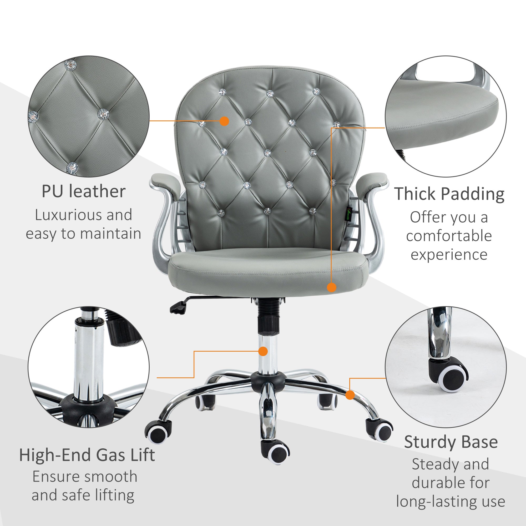 Office Chair Ergonomic 360° Swivel PU Diamante Padded Base 5 Castor Wheels for Home Work Grey