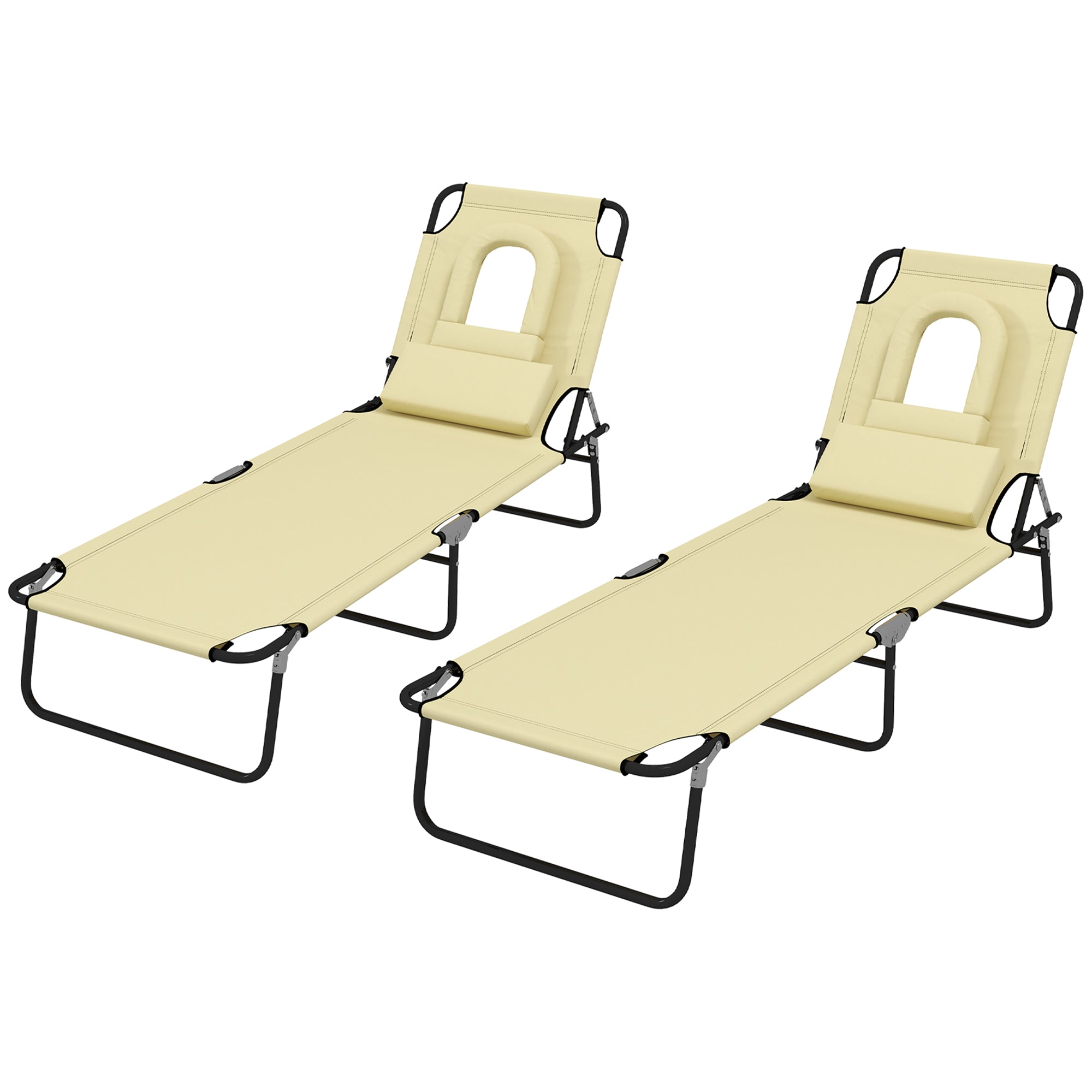 Outdoor Foldable Sun Lounger Set of 2, 4 Level Adjustable Backrest Reclining Sun Lounger Chair with Pillow and Reading Hole, Beige