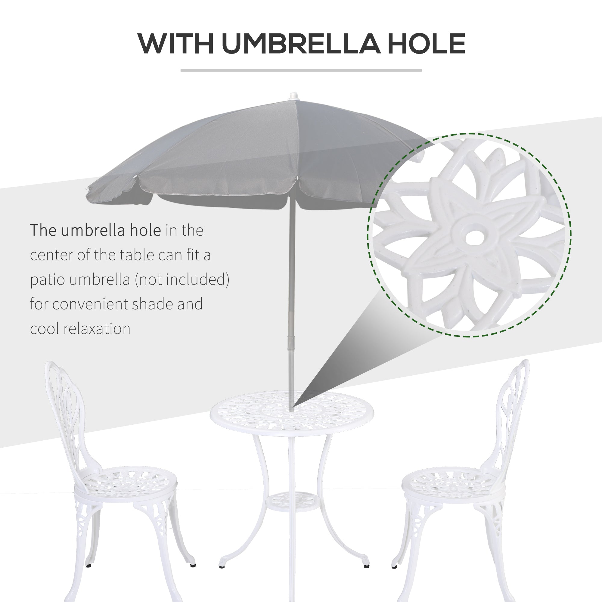 3 Piece Aluminium Patio Bistro Set with Umbrella Hole - White