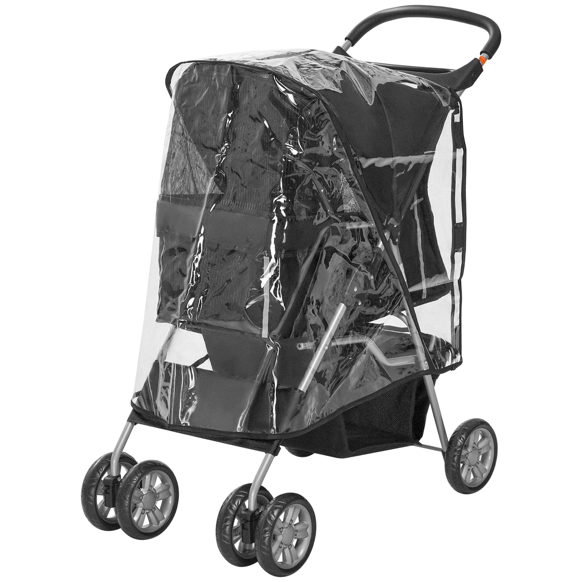 Pet Travel Stroller with Rain Cover, 4 Wheels Foldable Travel Carriage with Wheels Zipper Entry Cup Holder Storage Basket Black