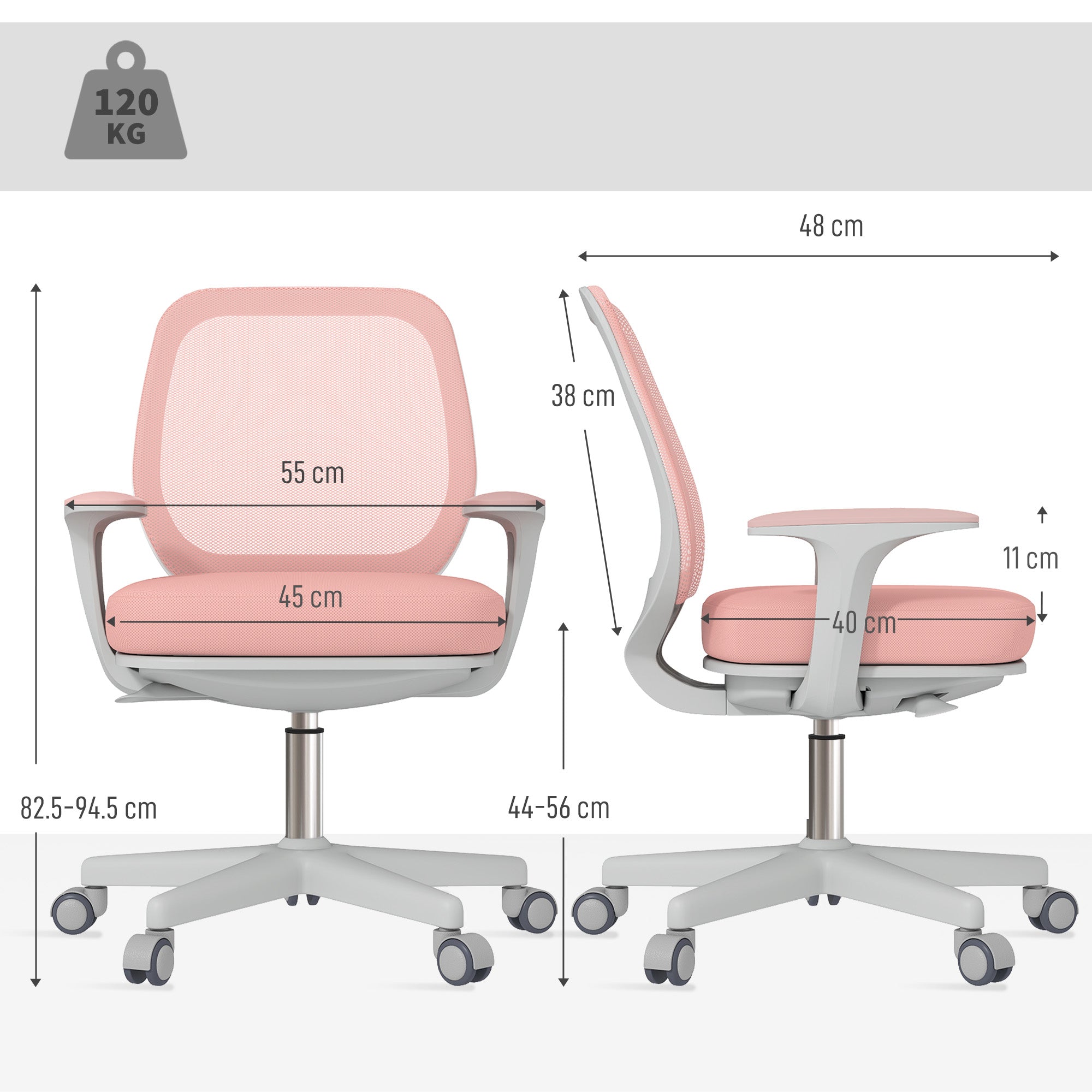 44-56cm Mesh Back Office Chair - Pink