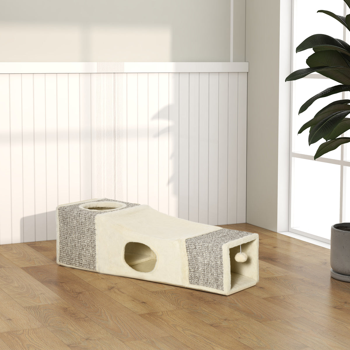 Cat Tunnel, Plush Large Play Tunnel with Two Caves and Hanging Ball, Cream White