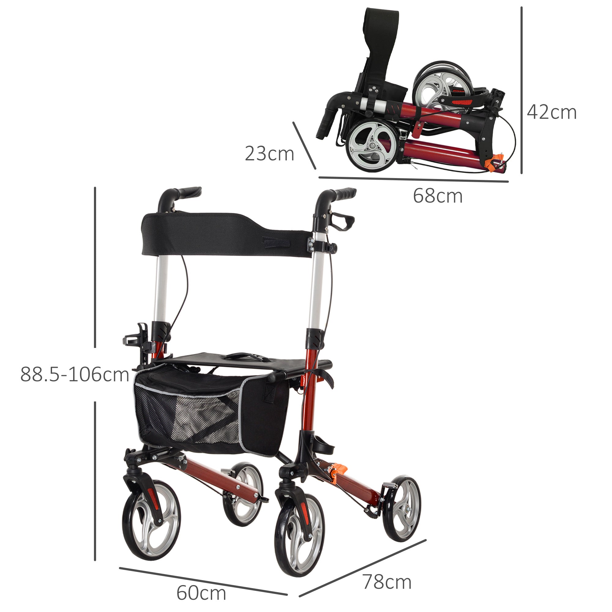 Folding Rollator Walker with Seat and Backrest, Lightweight Walking Frame with Storage Bag, Dual Brakes, Adjustable Handle Height, Cane Holder, 4 Wheeled Walker for Seniors, Red