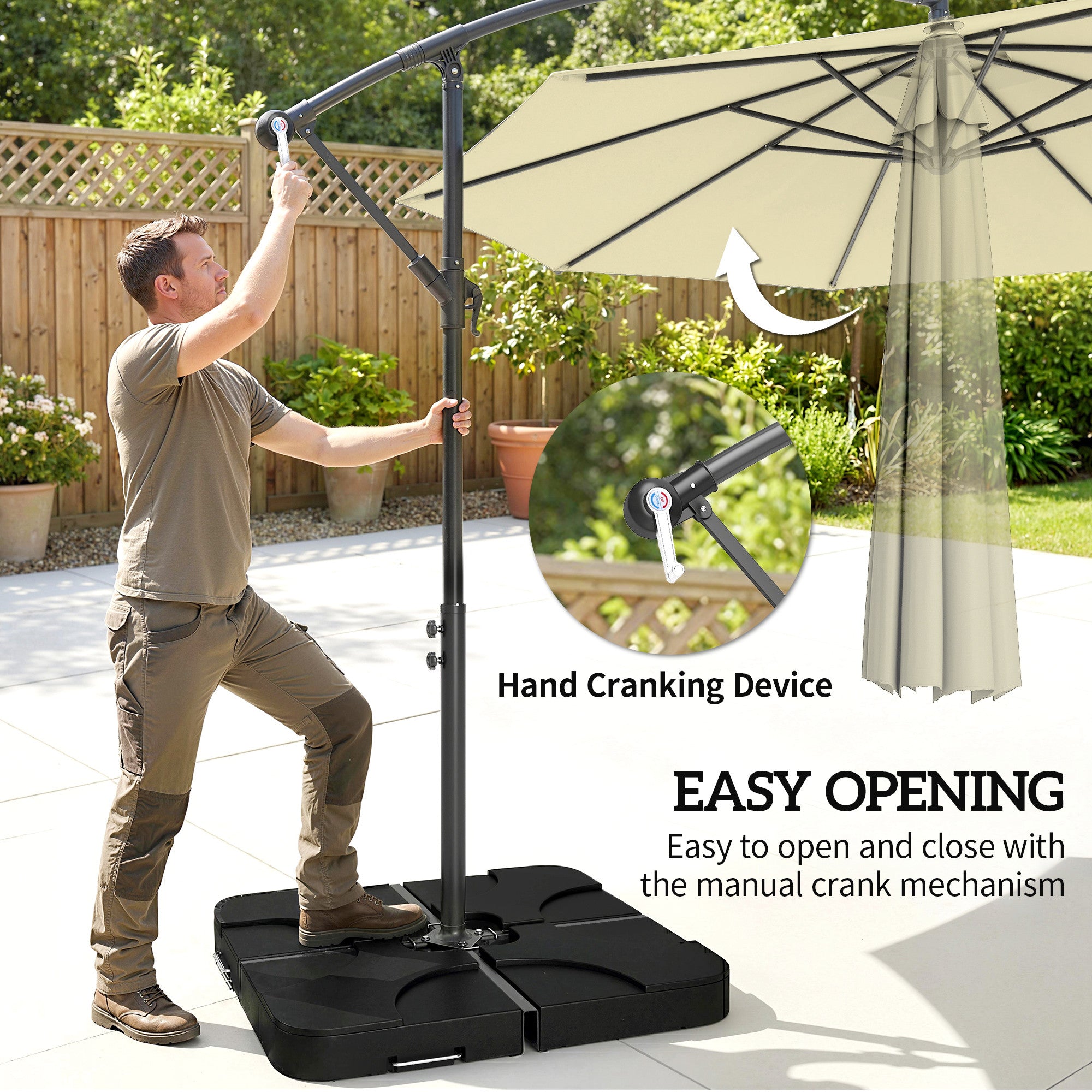 3m Overhanging Parasol, with Base, Weights and Cover - Sand brown