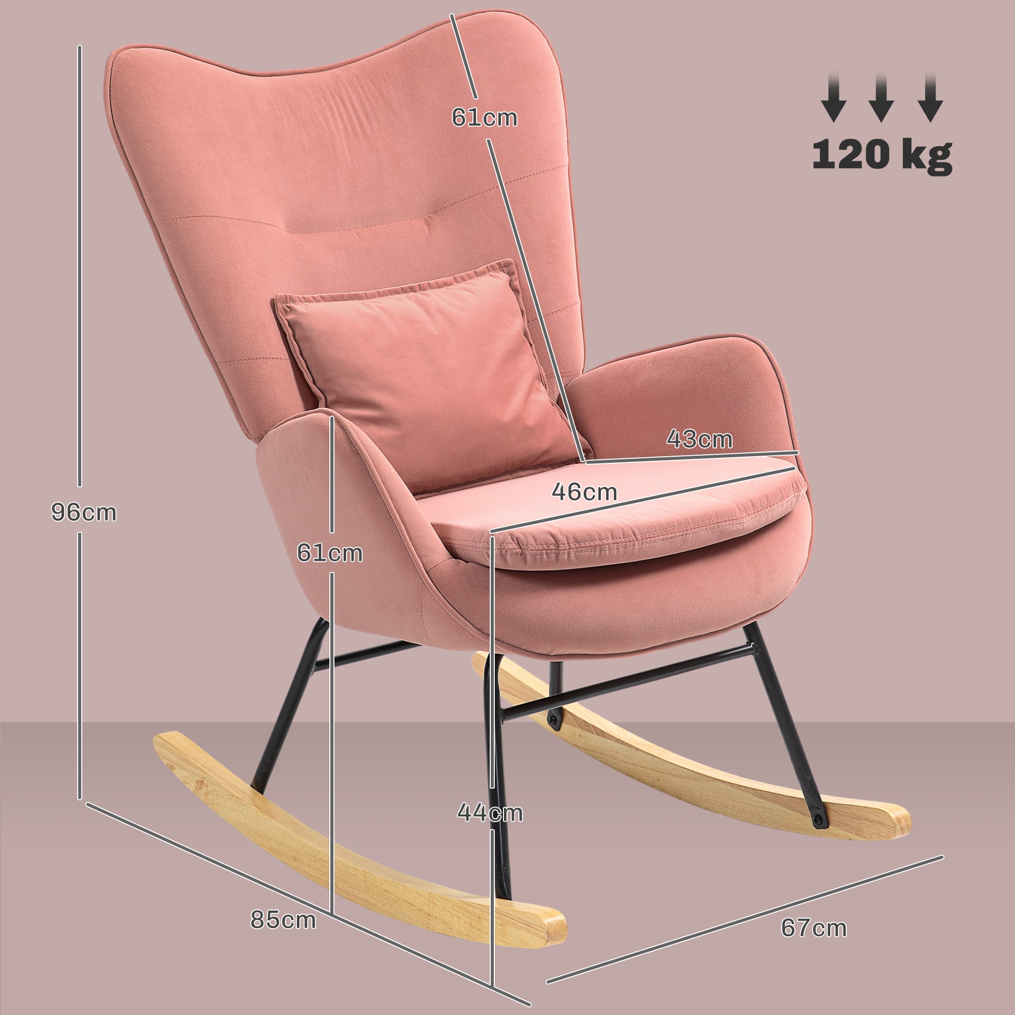 Velvet Rocking Chair Armchair with Lumbar Pillow, Metal Legs and Wood Base for Living Room, Bedroom, Pink