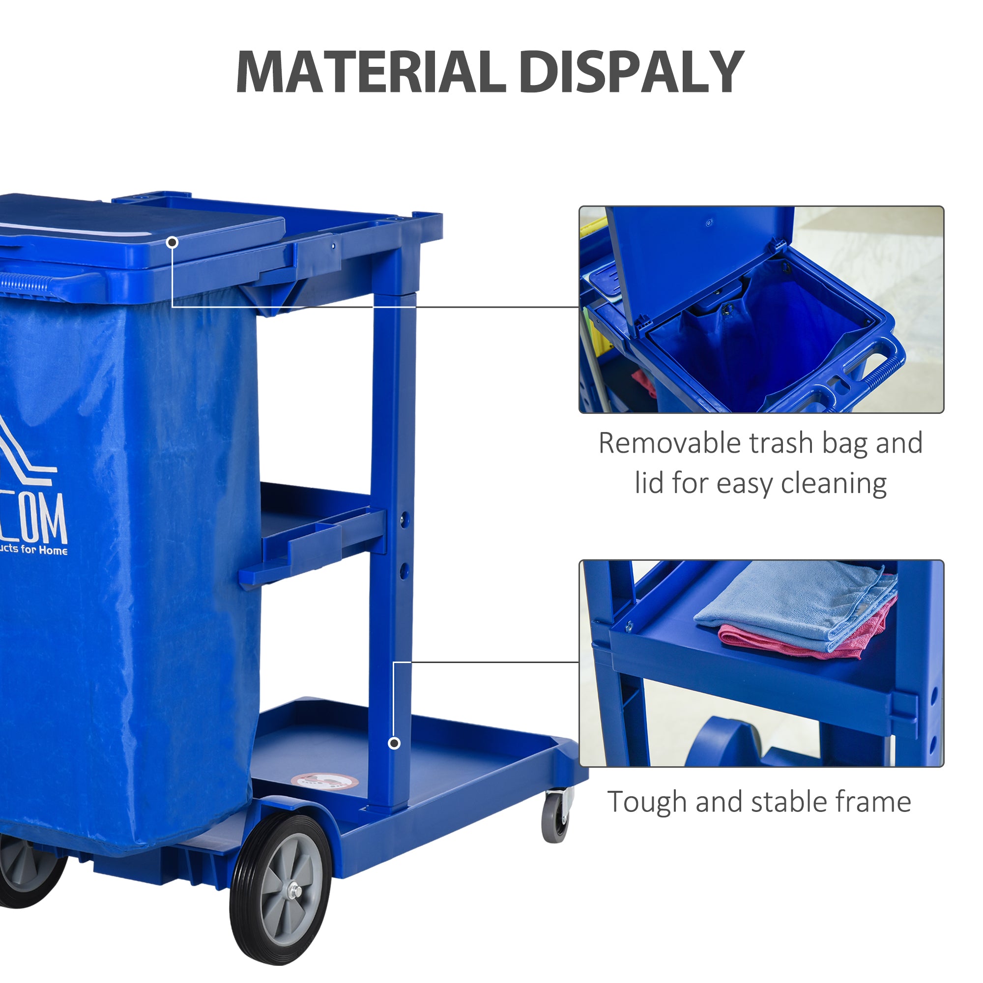 Janitor Cleaning Trolley, with Bin, Shelves and Hooks - Blue