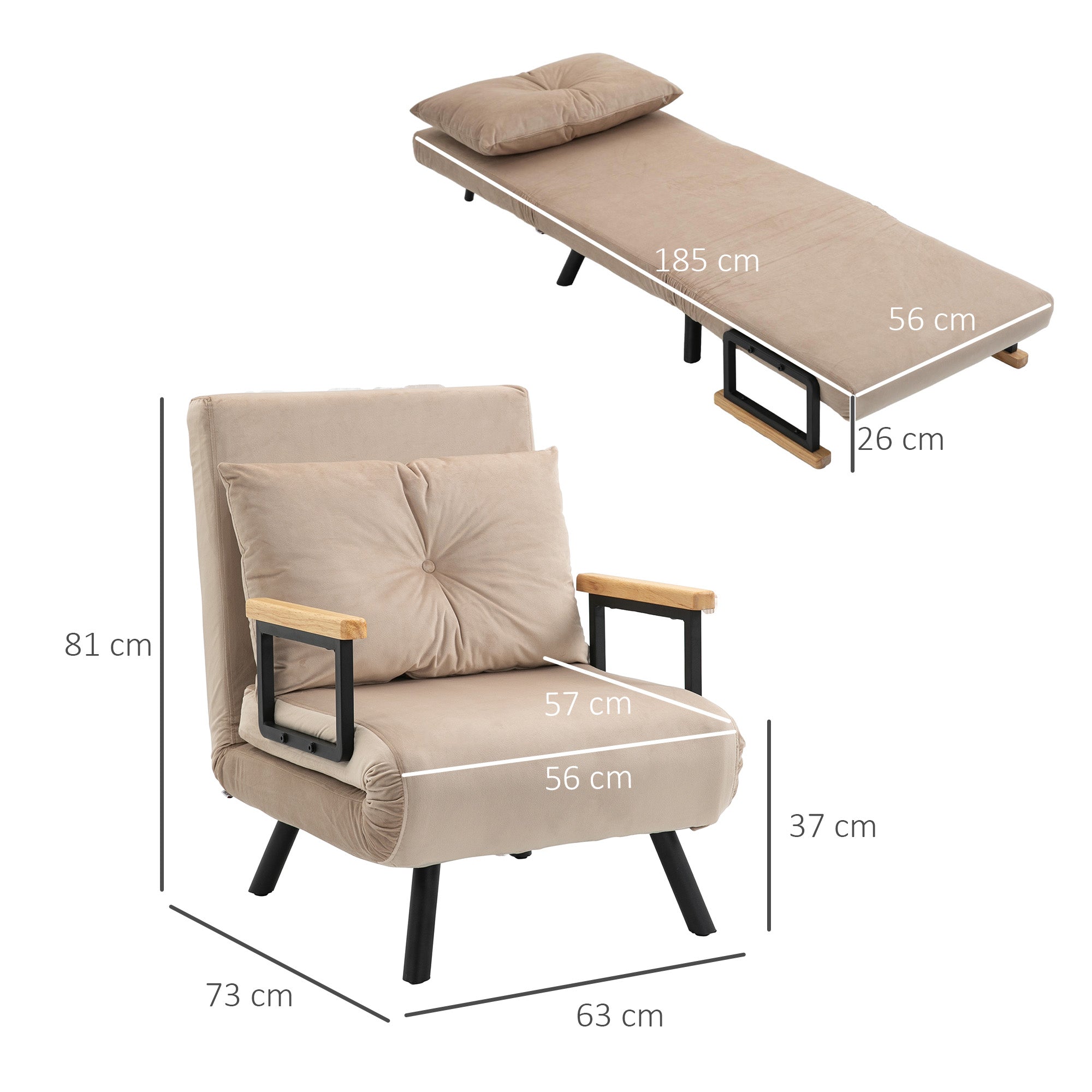 4-in-1 Velvet-Feel Single Chair Bed, with Pillow - Beige