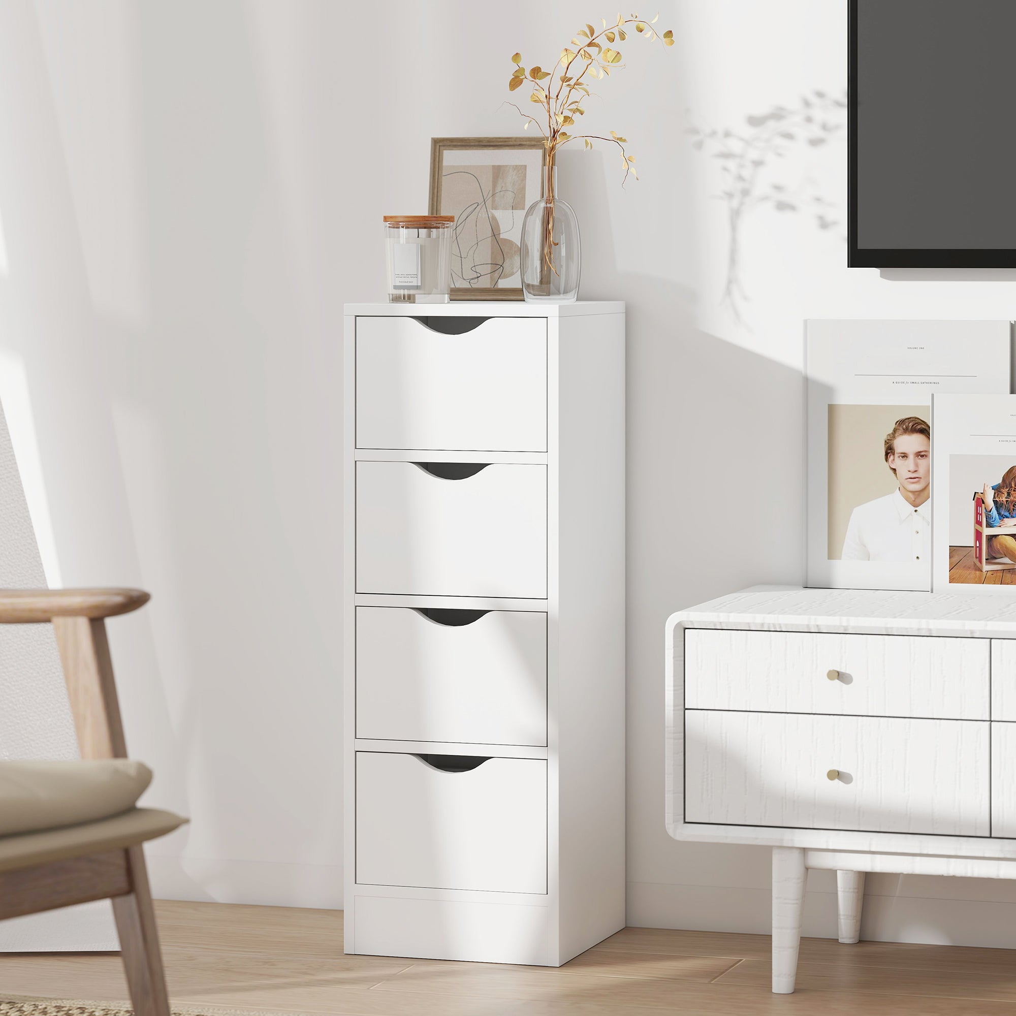 4-Drawer Bathroom Cabinet, Freestanding Narrow Storage Cabinet with Groove Handles for Small Spaces, White