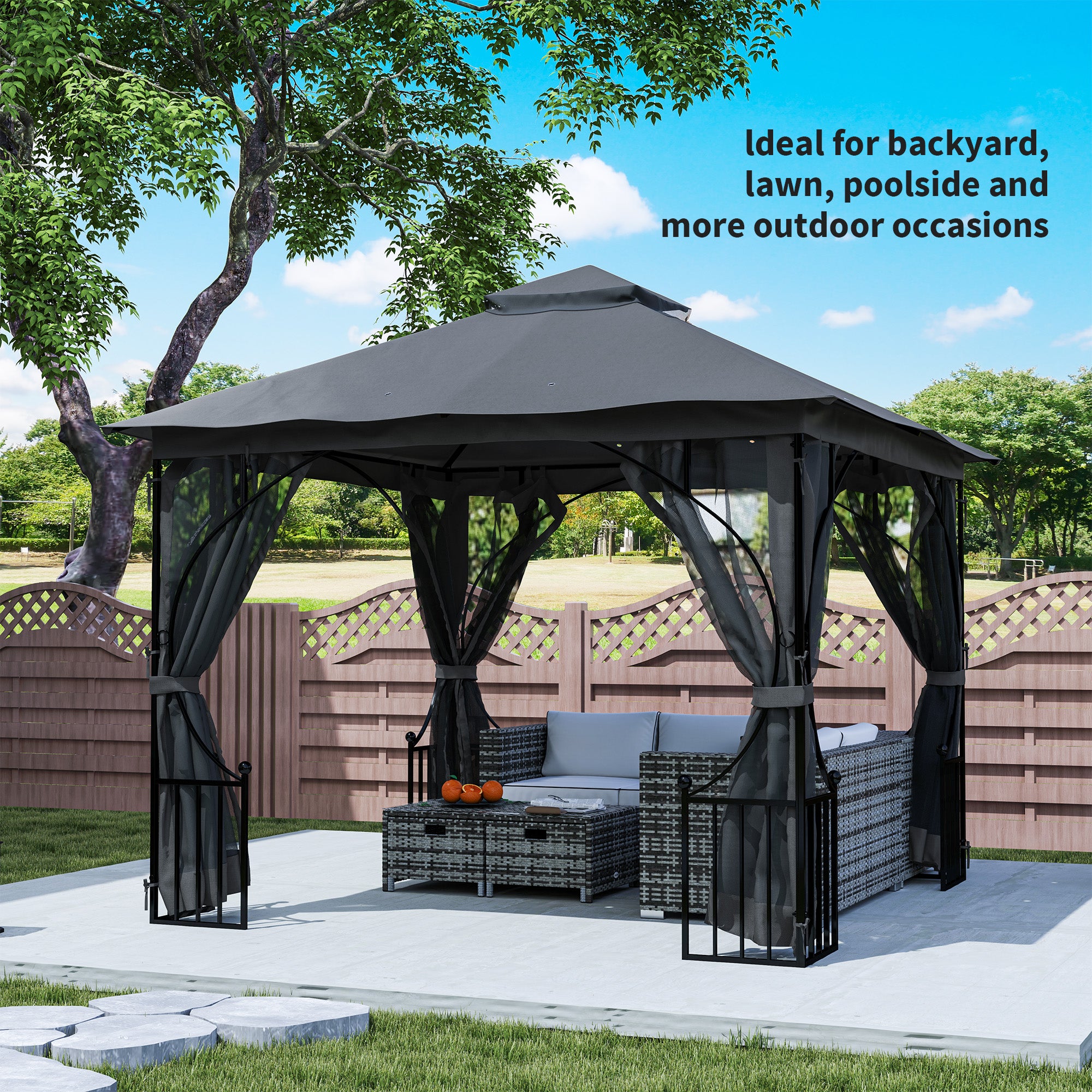 3 x 3 Metre Garden Gazebo with Double Tier Sun Shade - Dark Grey