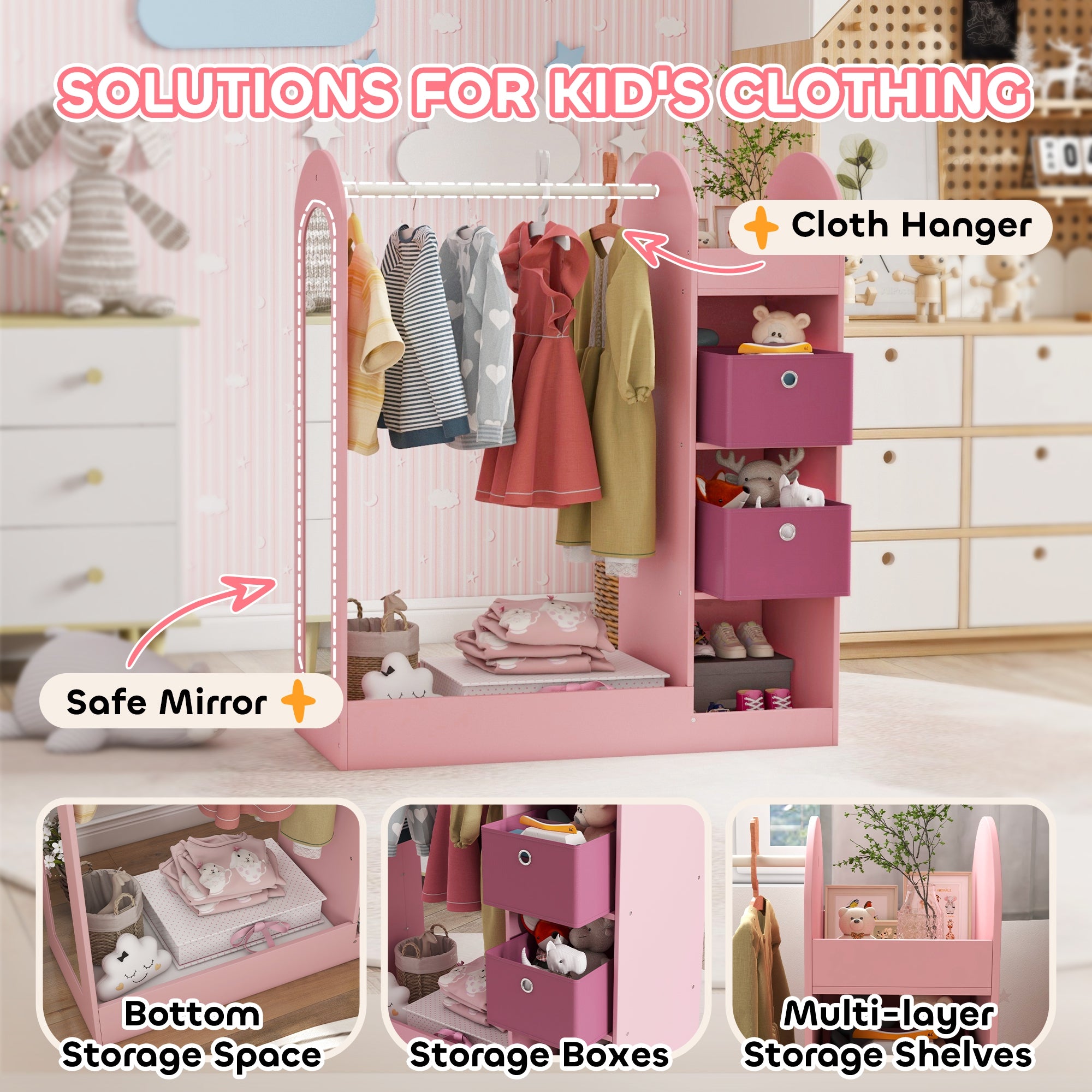 Kids Clothes Rail with Storage Shelf, Boxes, Mirror for Bedroom, Nursery, Pink