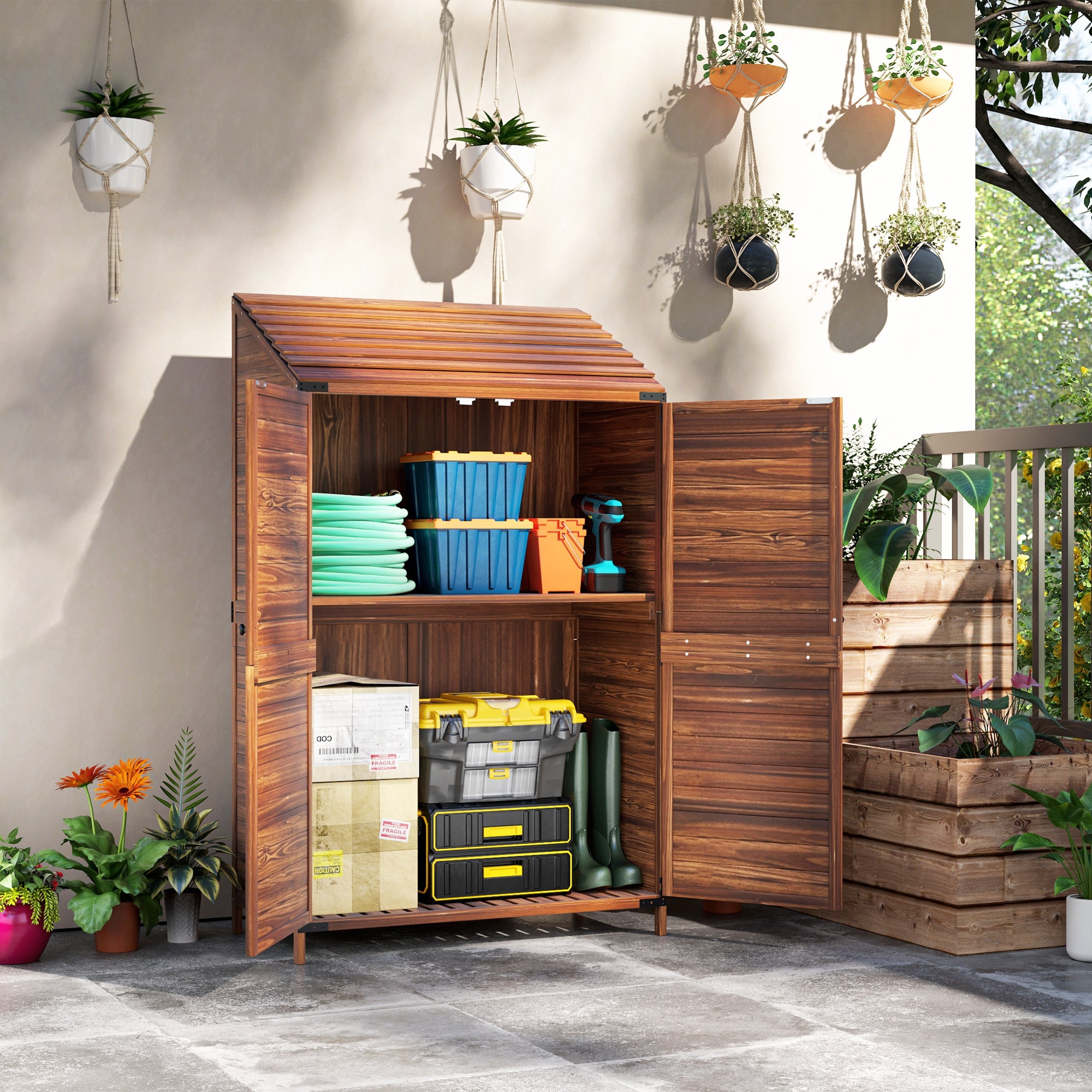 Two-Tier Wooden Garden Shed with Double Doors and Shelves - Brown