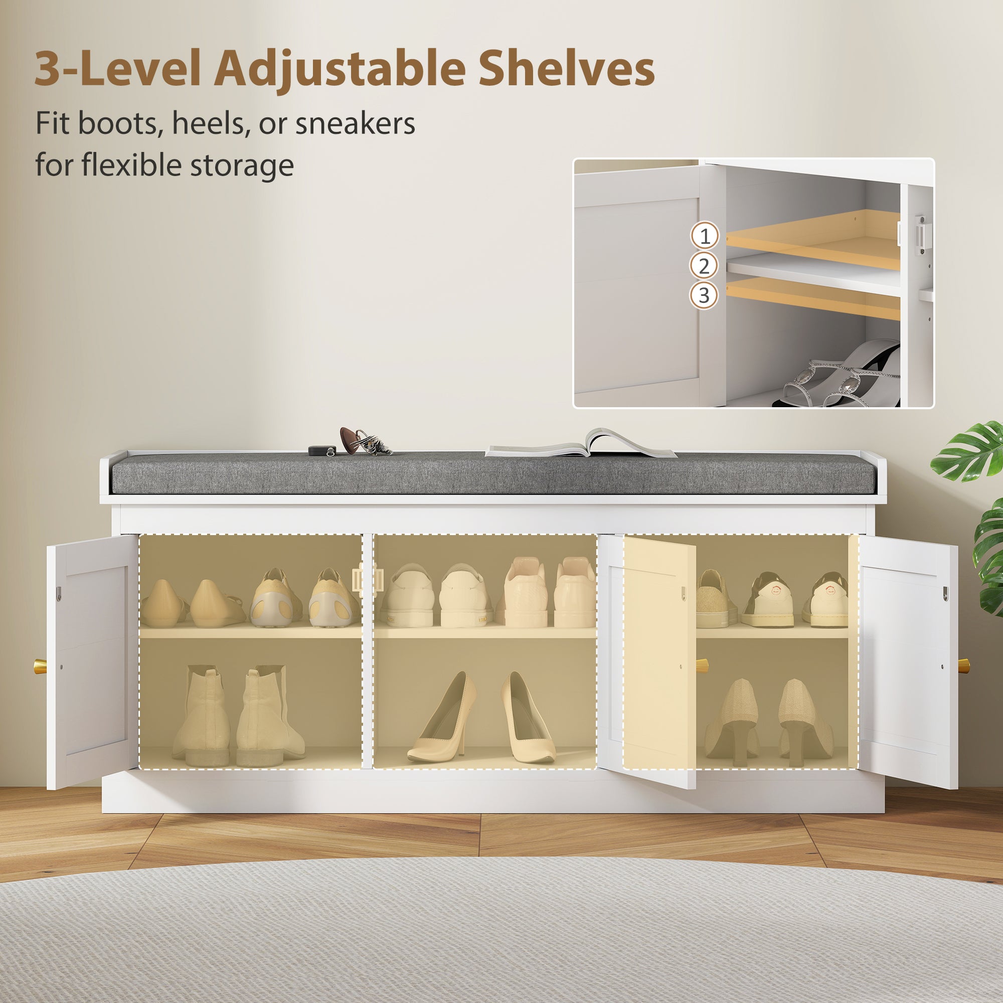 Shoe Storage Bench with Woven Rattan Doors, Seat - White