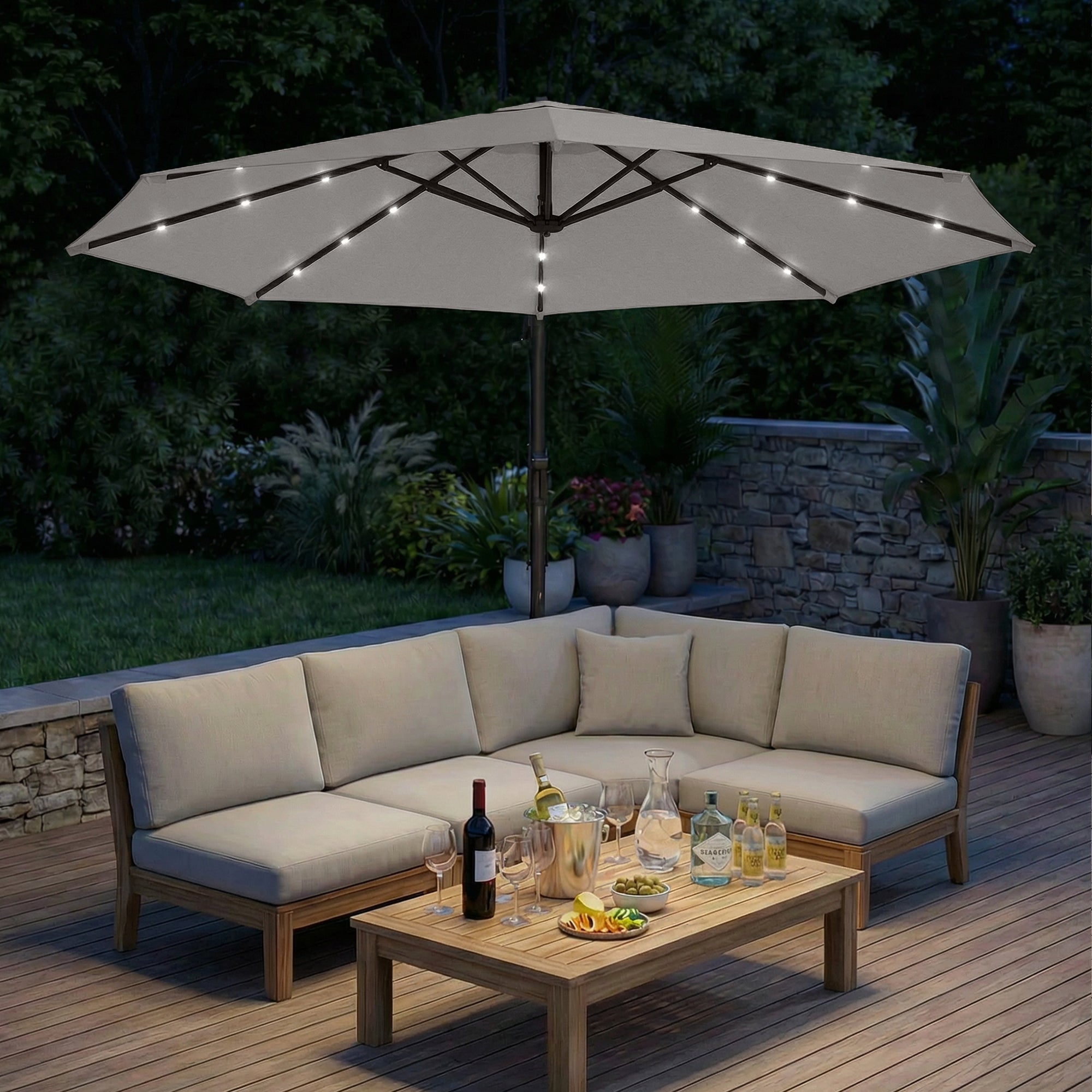 3 m Cantilever Parasol with Solar LED Lights Garden Umbrella with Cross Base, Light Grey