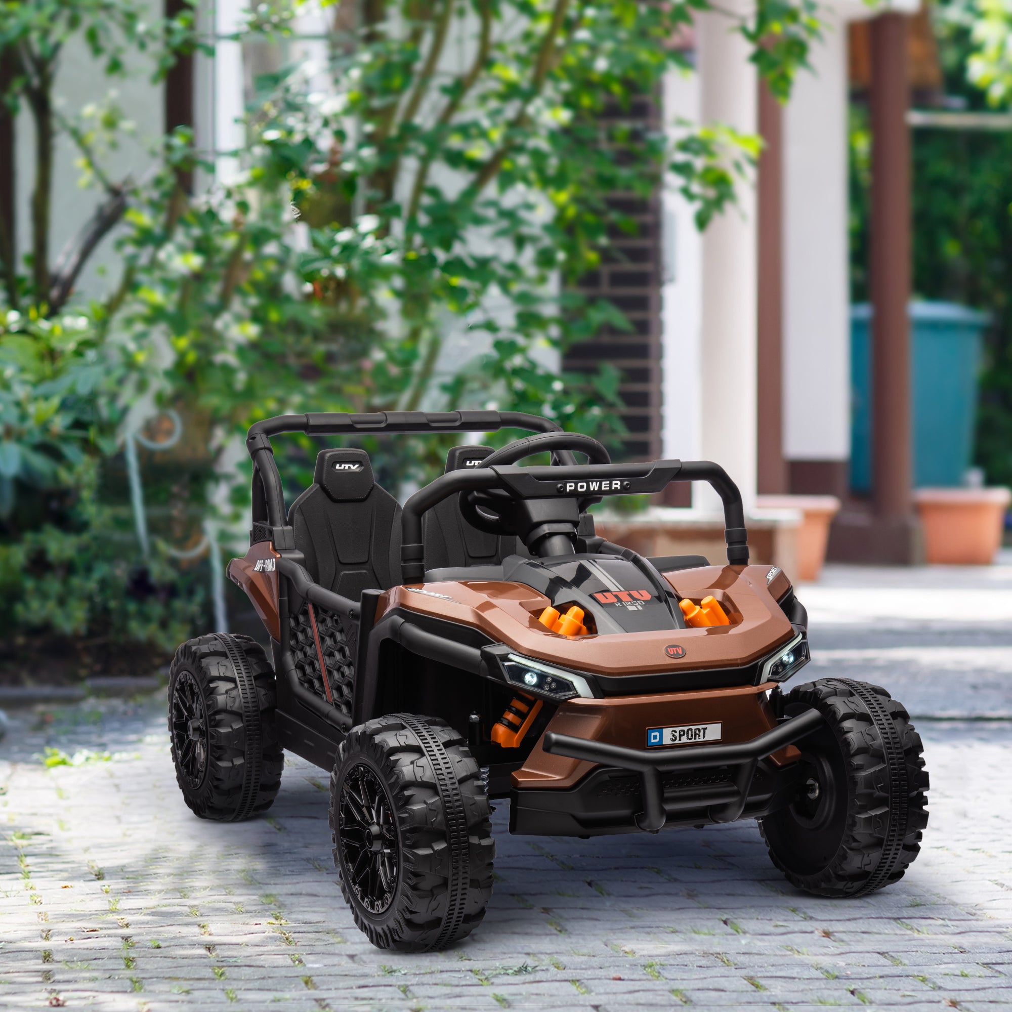 12V Battery Powered Ride on Truck w/ Remote, 4 Suspension Wheels, Horn Lights Music USB, for 3-5 Years Old - Brown