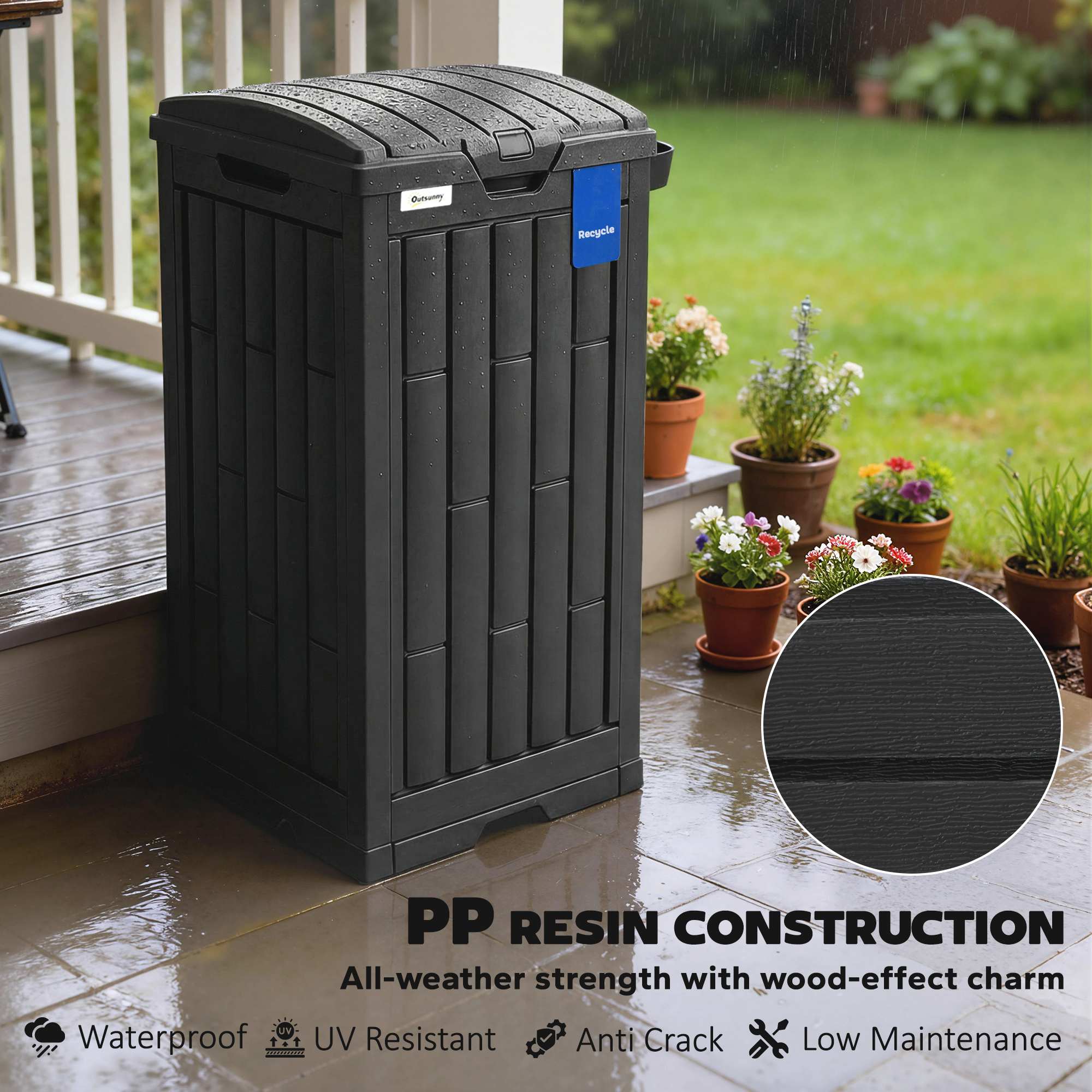 110 L Outdoor Bin with Dual Lid, Waterproof Plastic Trash Bin with Ashtray and Drip Tray, Garden Waste Trash Bin, Black