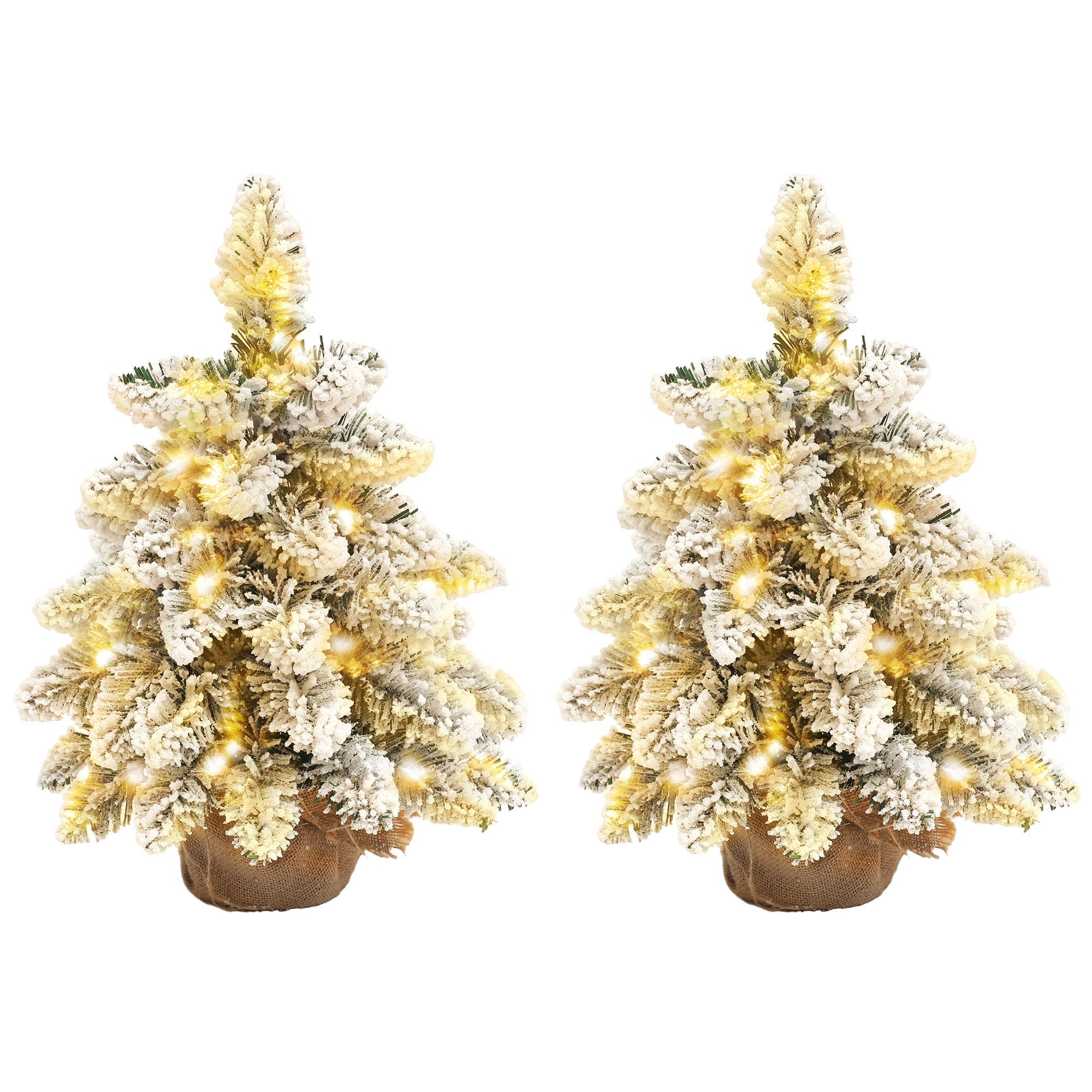 1.5ft Mini Artificial Christmas Trees with Lights Set of 2, Snow Flocked Tabletop Christmas Trees with Base, Battery Operated, Desktop Party Decoration