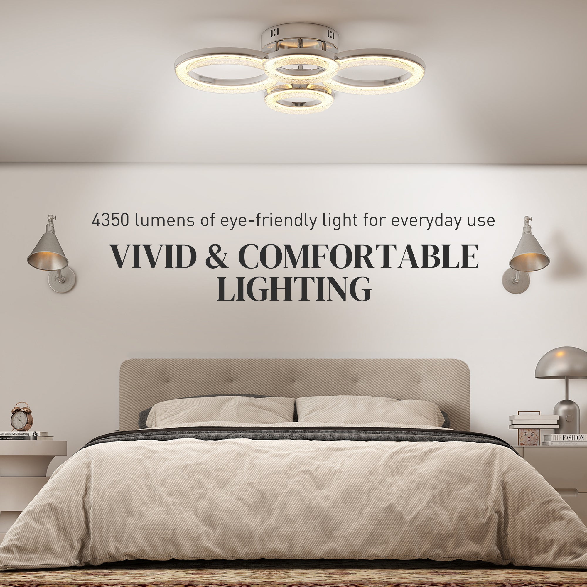 LED Ceiling Light, Modern Dimmable 4 Rings Ceiling Lamp with Wall Switch, 40W 4350lm Flush Mount Ceiling Light with 3500K/4500K/6000K Colour Temperatures for Living Room, Bedroom, Silver Tone