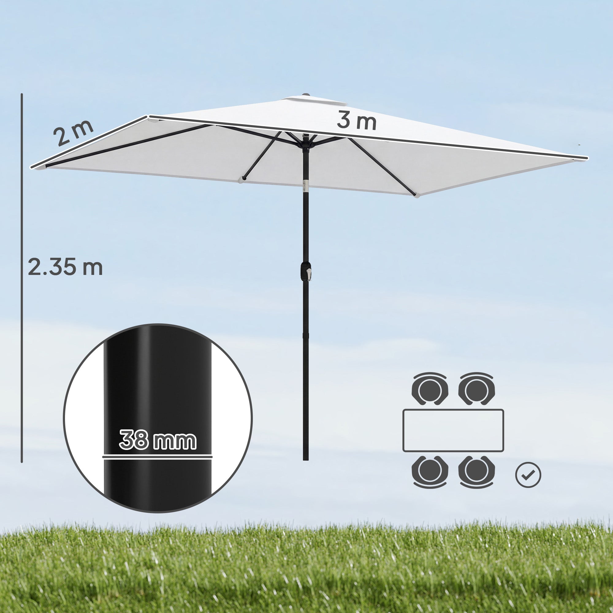 Garden Parasol, Parasol Umbrella with Crank Handle, Tilt Function, Polyester Canopy, Cream White