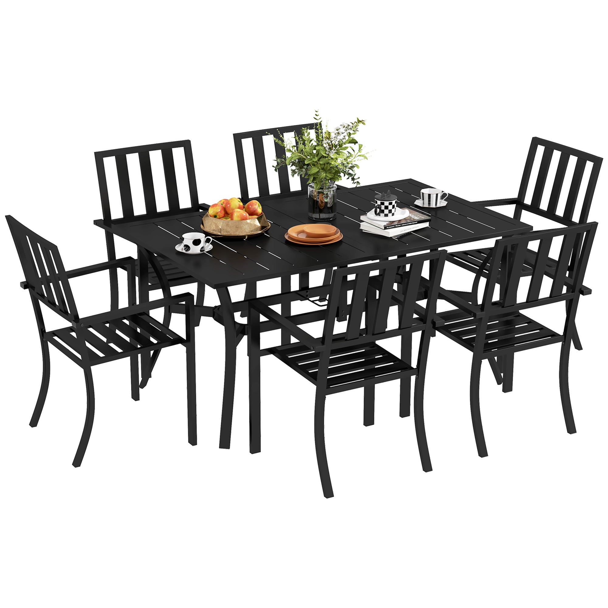 7 Pieces Garden Table and Chairs 6 Seater Outdoor Table and Chairs with Umbrella Hole, for Poolside, Garden, Black