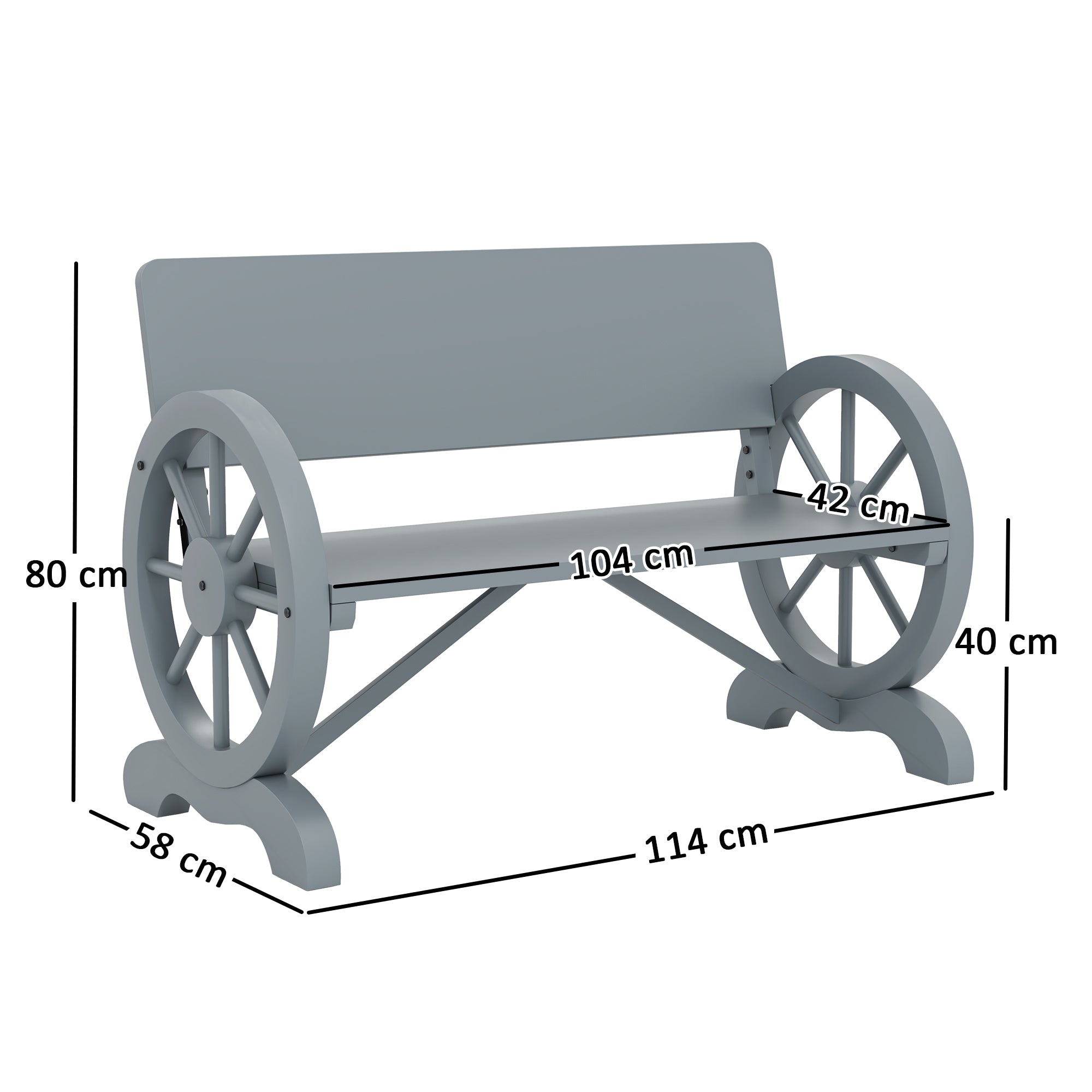 2 Seater Fir Wood Outdoor Garden Wagon Wheel Bench Grey