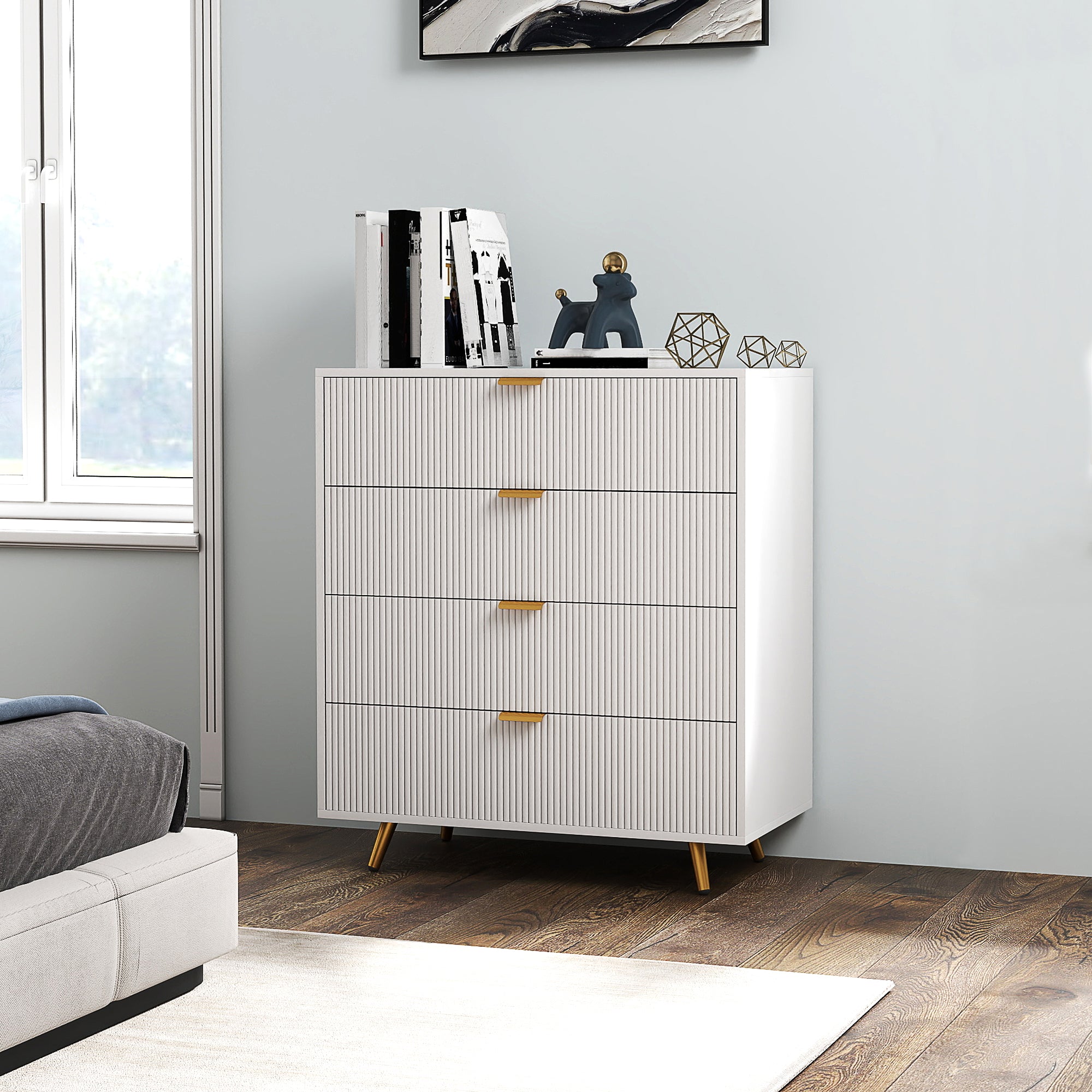 Elegant Four-Drawer Bedside Table with Gold Handles - White