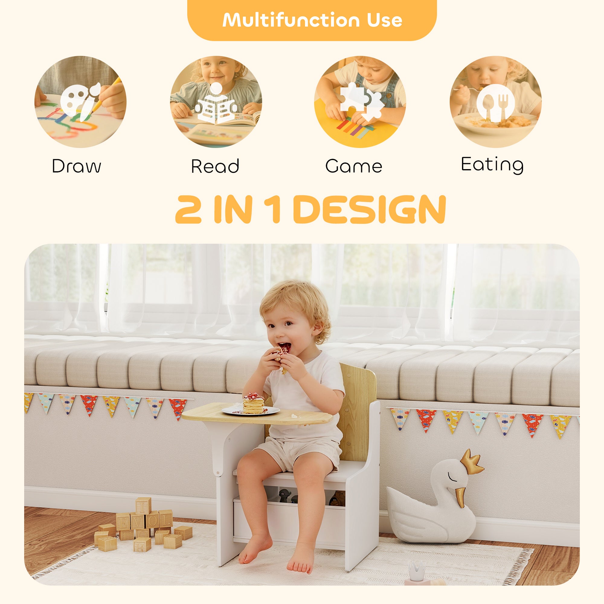 Kids Table and Chair Set, Children Desk and Chair with Storage Bins for Playing, Reading, Painting, for Ages 3-5, White