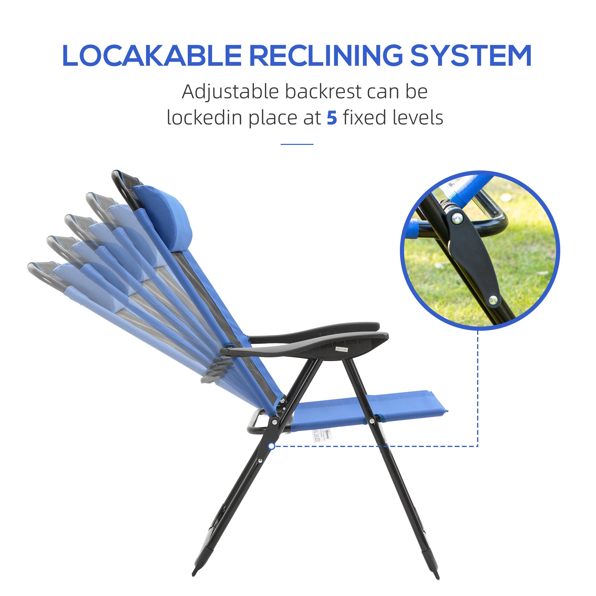 Folding Garden Chairs Set of 2, 5-Position Recliner Camping Chair with High Back, All Weather Texteline Seat, Portable Outdoor Dining Chairs with Headrests for Patio, Picnic, Blue