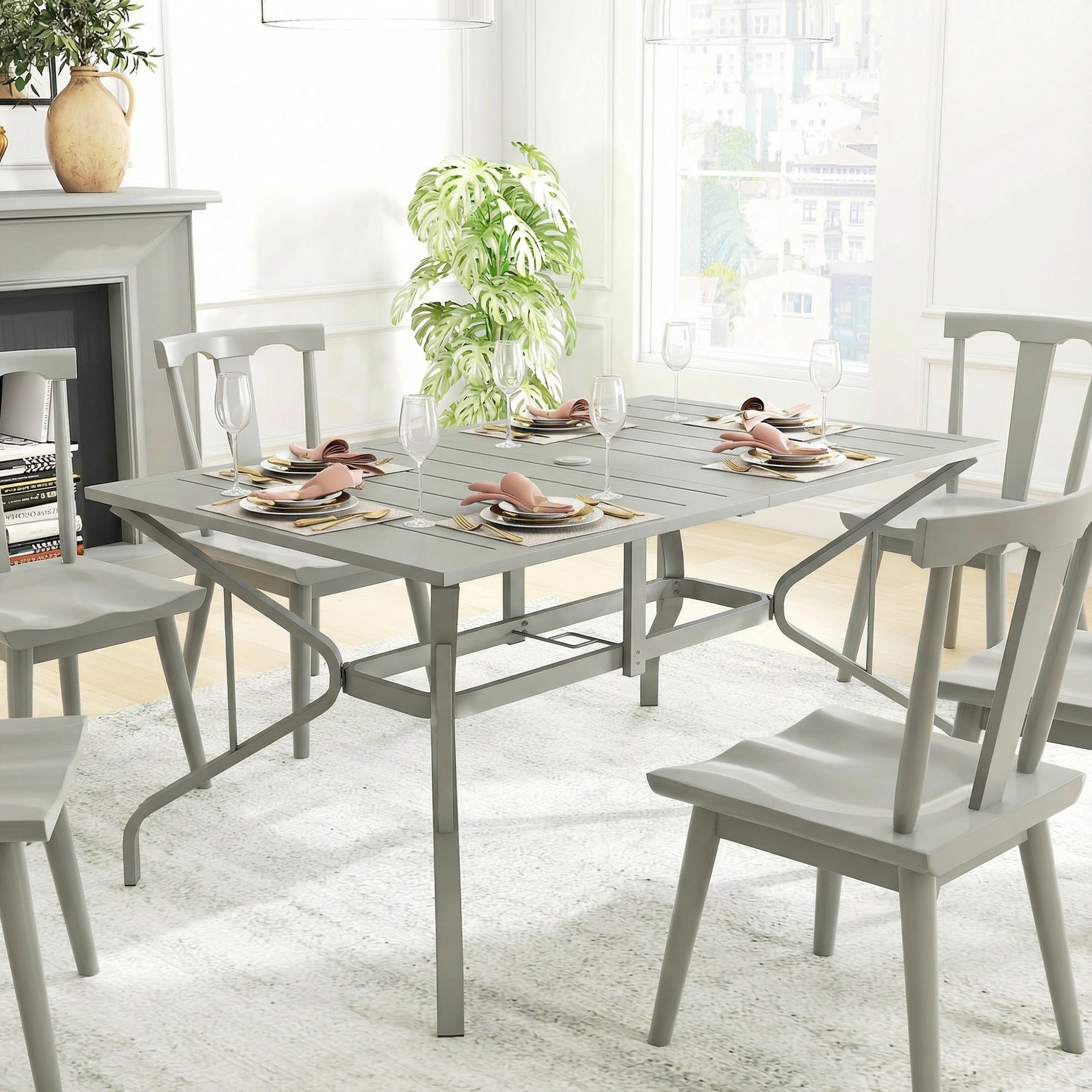 Rectangle Garden Table with Parasol Hole, Outdoor Dining Table for 6, Patio Table for Balcony, 150cm x 90cm, Light Grey