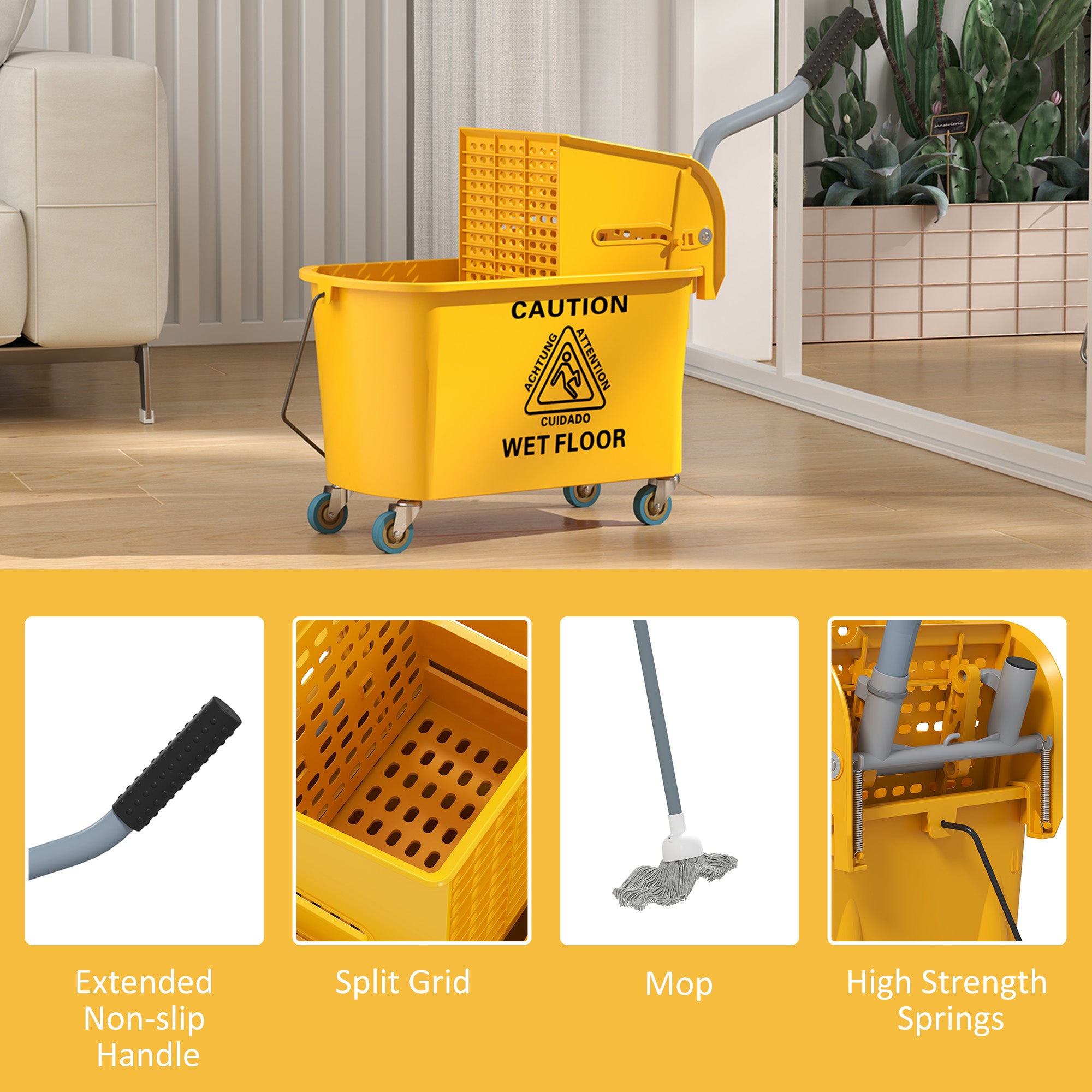 Mop Bucket with Wringer Set on Wheels for Floor Cleaning, 20 Litre Side Press Wringer with Handle and Mop, Yellow