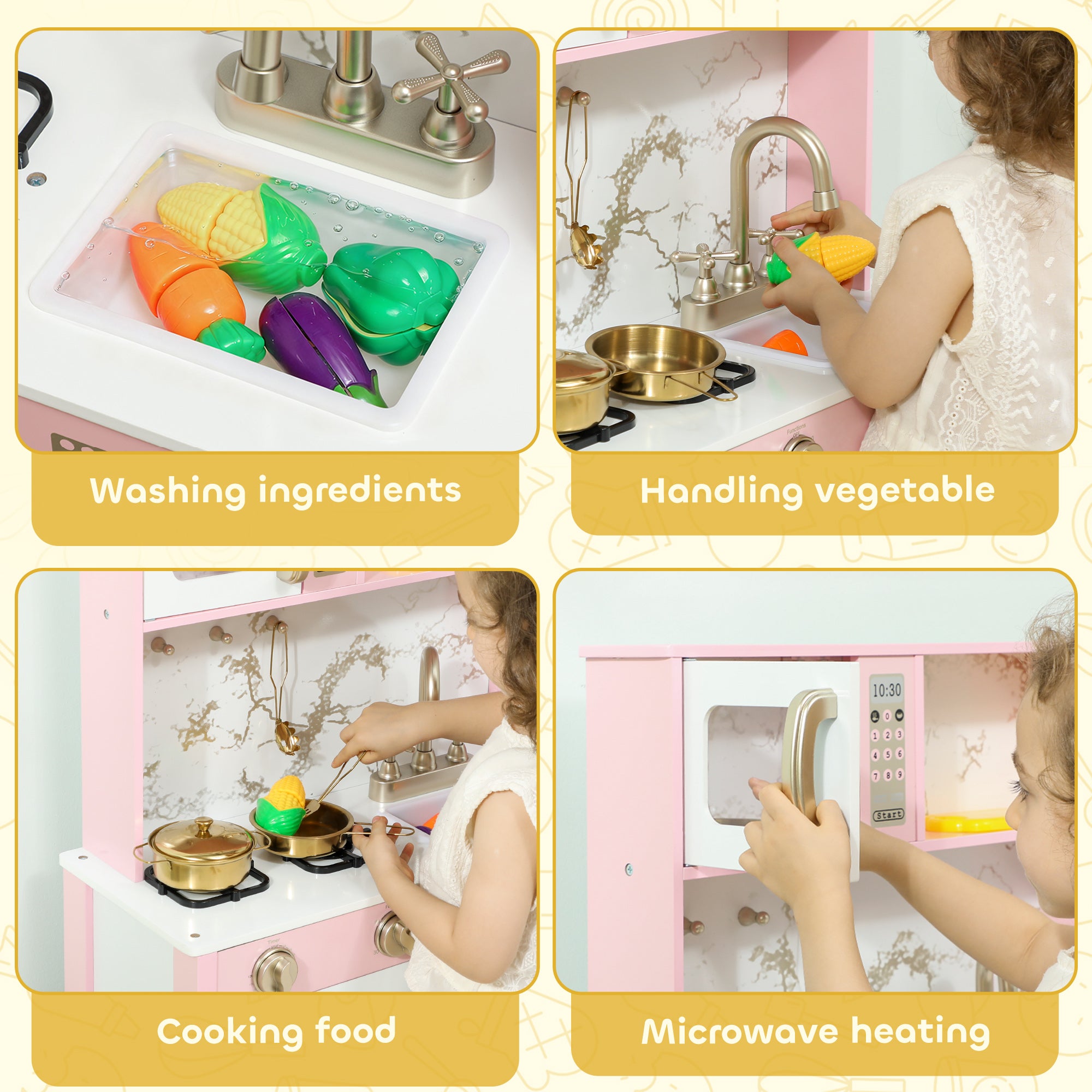 Kitchen Playset with Pretend Play Cooking Accessories, Play Kitchen with Oven, Microwave and Sink, Pink