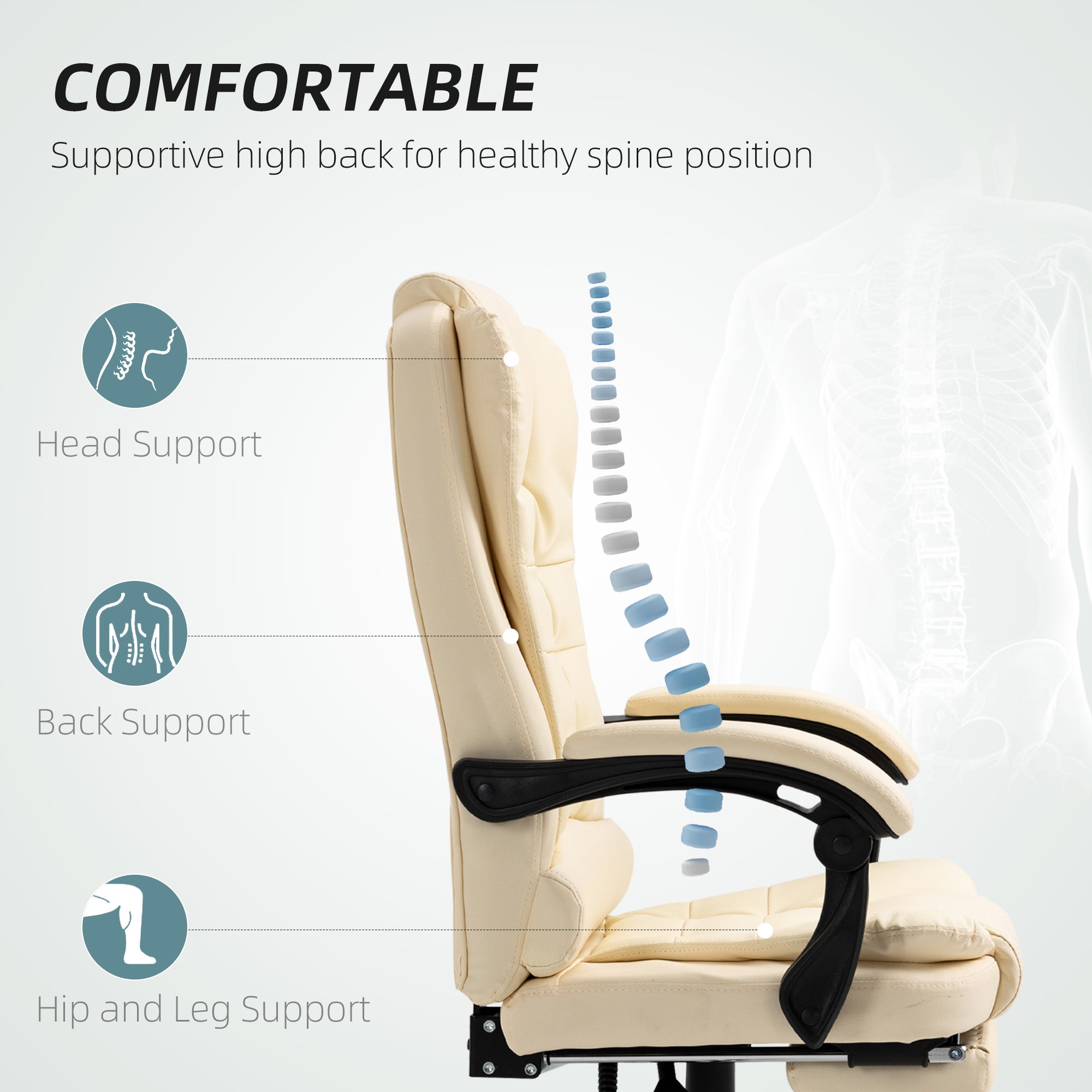 Executive Office Chair, Home Office Chair with Swivel Wheels, Reclining Backrest, Retractable Footrest, Cream White